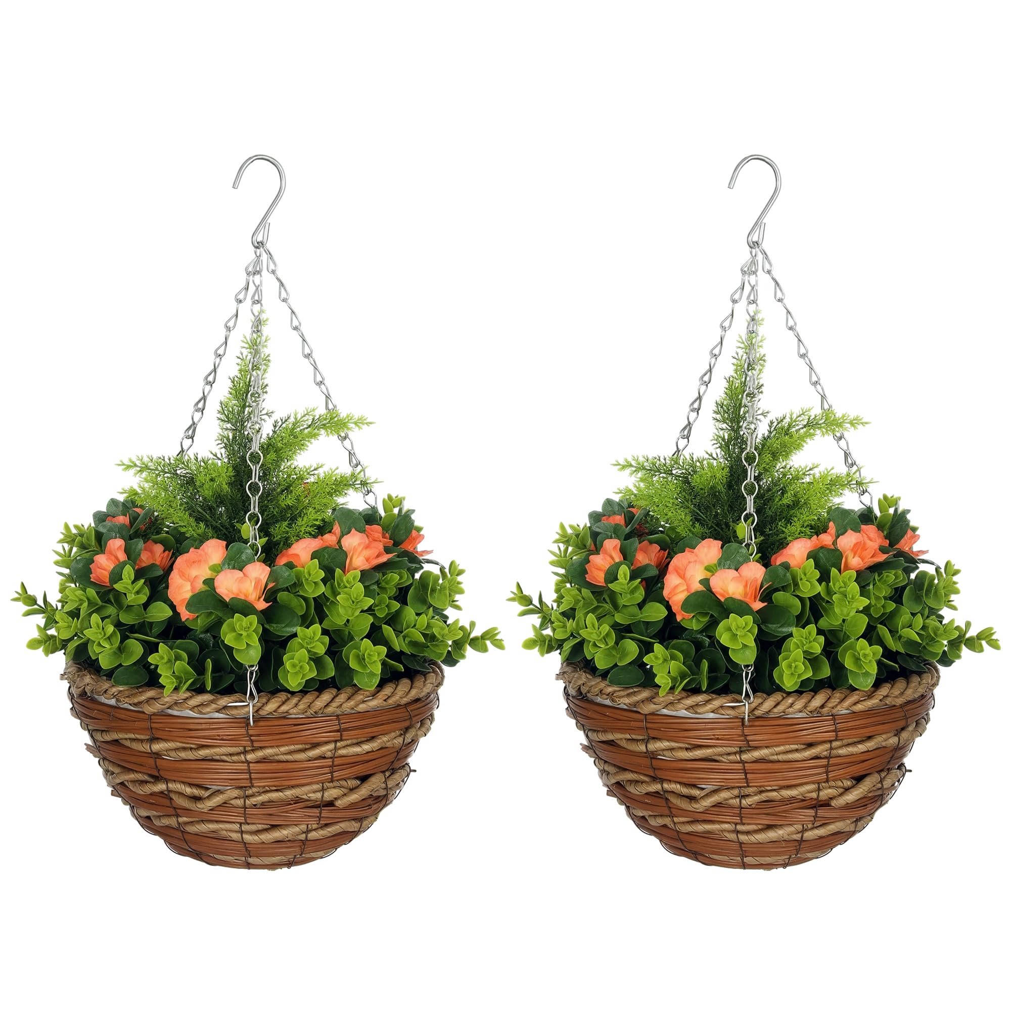 Outsunny Pack of 2 Faux Plant Artificial Lisianthus Flowers Hanging Planter with Basket for Indoor Decoration, Orange