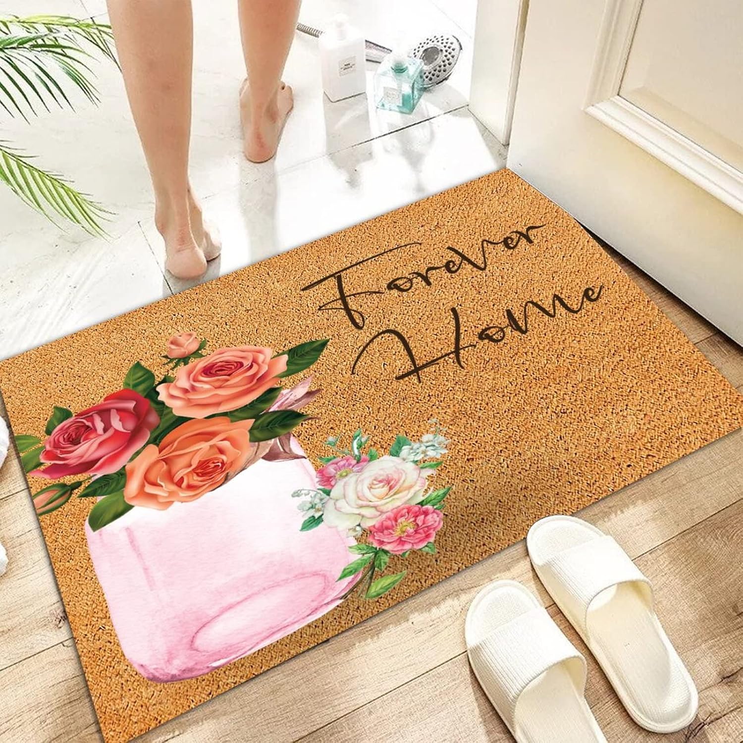 Coir Fiber Indoor and Outdoor Mats 24x35 Forever Home Watercolor Mason Jar Floral Vintage Rug Mats Abstract Flower Painting Stylish Farmhouse Décor for Home Backyard Bathroom Yoga Gift