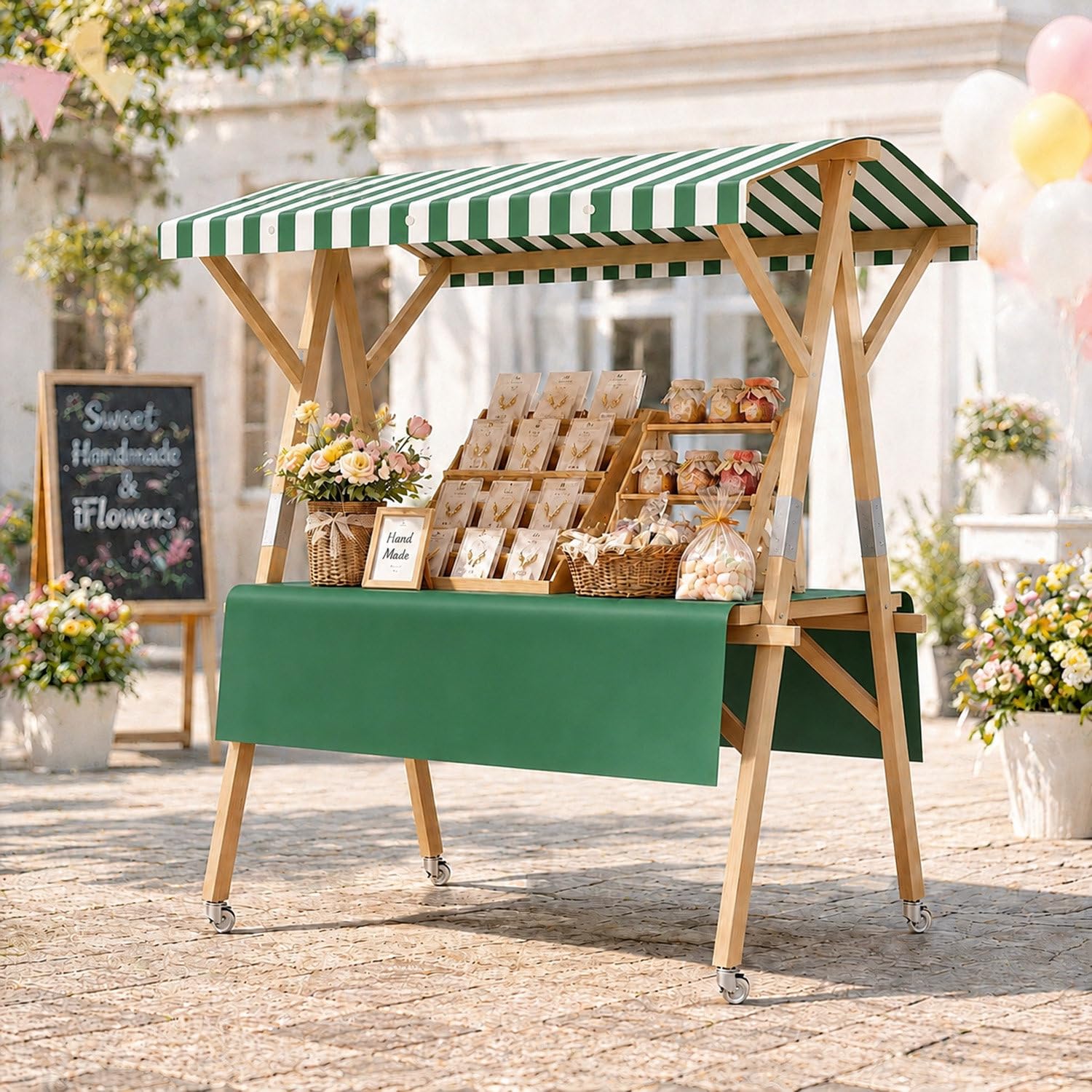 COAKUE Portable Foldable Wooden Farmers Market Stand on Wheels with Awning, Outdoor Vendor Cart Roadside Farm Stand for Roadside Vending, Markets & Craft Fairs GreenC-150cm/59in