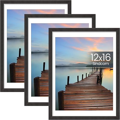 12x16 Frame 3 Pack, with Detachable Mat for 11x14 Pictures, Wall Mounting Charcoal Gray Photo Frame, Pre-Installed Hanging Hooks for Portrait or Landscape Mode