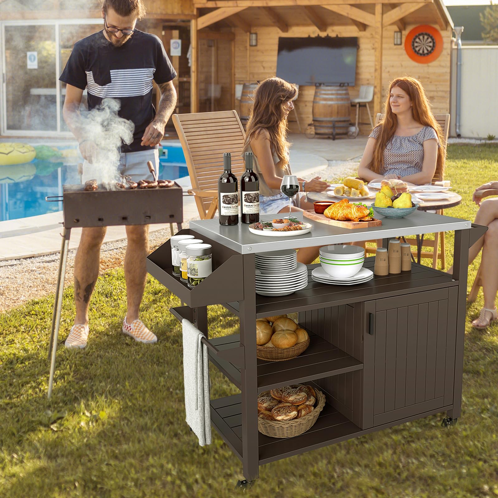 KOMFOTTEU Carro de Barbacoa con 3 Estantes y 4 Ruedas, Carrito Auxiliar con Encimera de Acero Inoxidable, Carro para Parrilla con Especiero y Toallero, Carrito de Servicio para Camping, Picnic