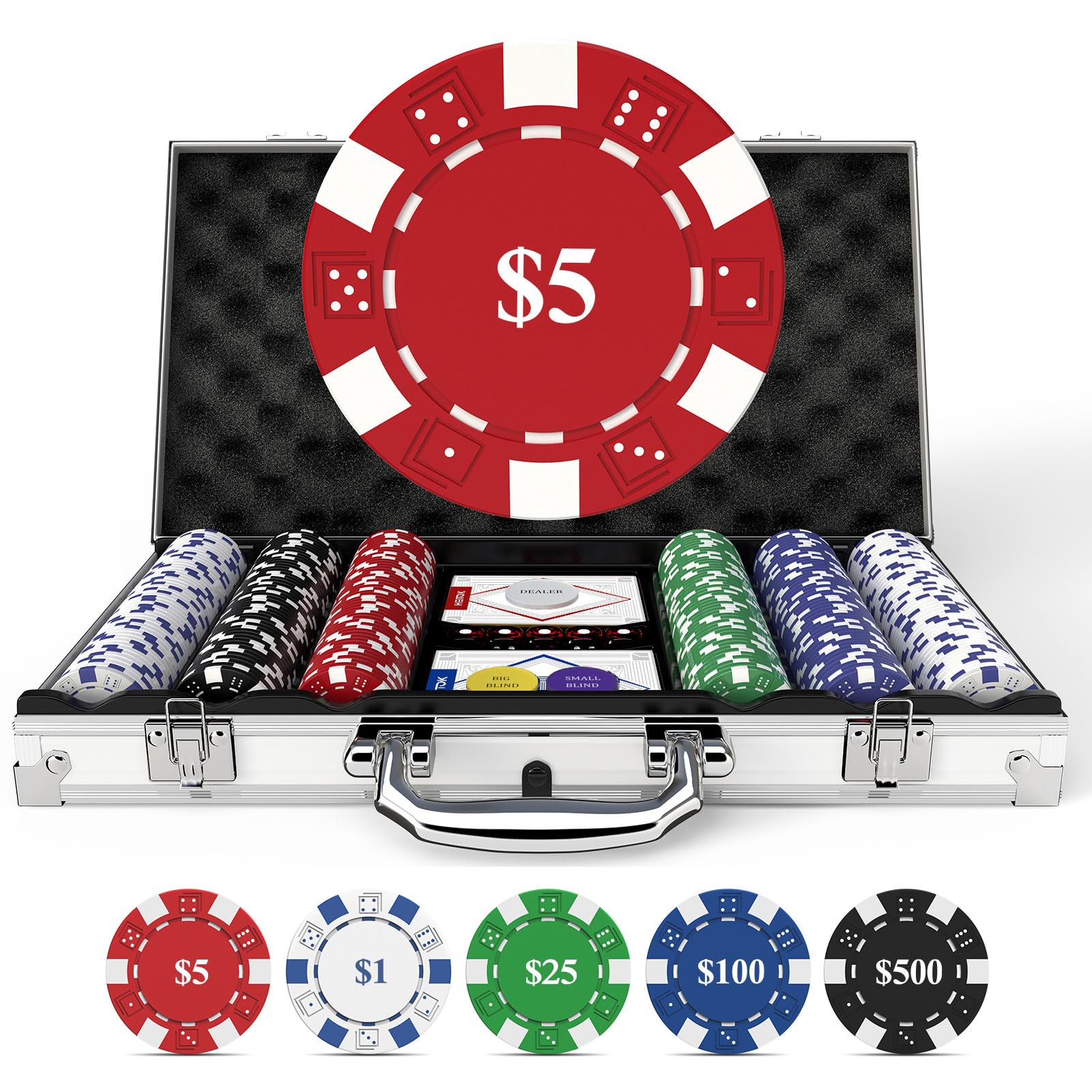 Poker Set with Denominations, 300-pcs 11.5g Weighted Numbered Chips, 5 Dice, 2 Decks with Compact Aluminum Case for Texas Hold'em, Blackjack, Age 8 and Plus