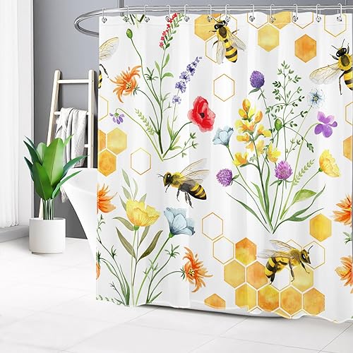 Miniatura 3 de LB Aesthetic Wildflower Shower Curtain Cute Bee Orange Honeycomb Shower Curtain Set with Hooks Floral Green Plant Waterproof Washable Fabric Shower