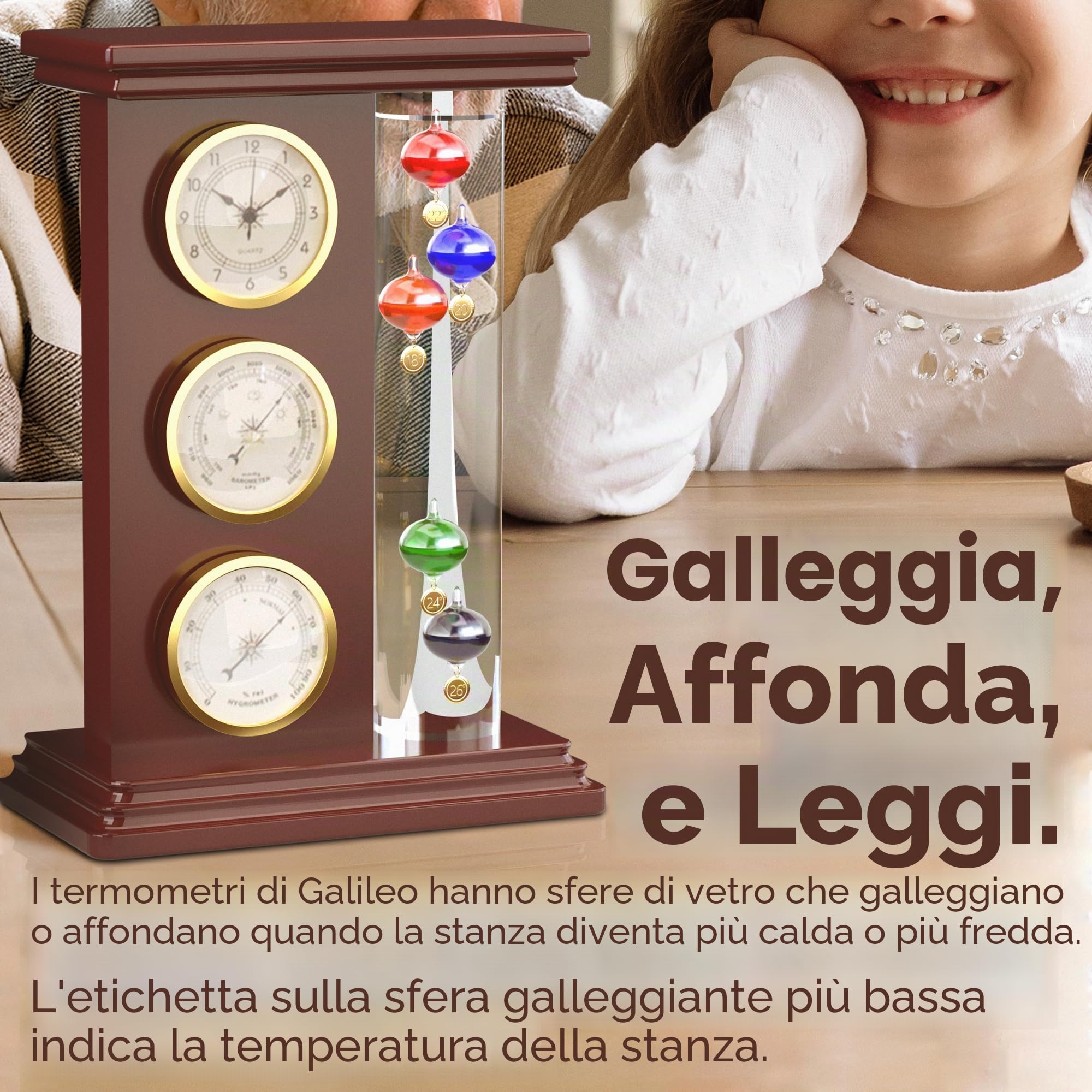 JJ Care Termometro Galileo con Orologio al Quarzo (Oro), Barometro Analogico e Igrometro, Stazione Meteorologica per Interni, Telaio in Vetro e Legno