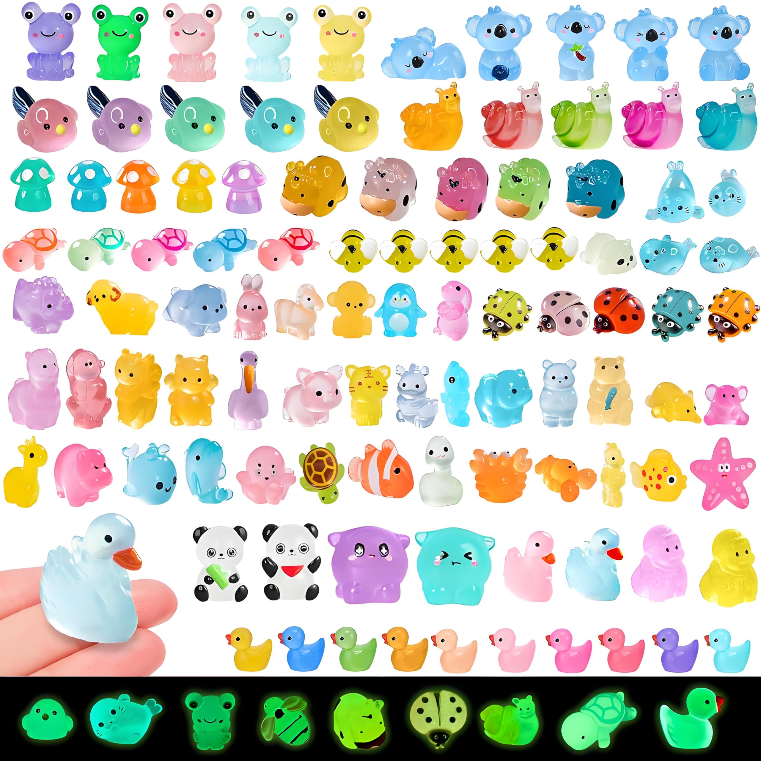 Lot de 100 mini animaux lumineux en résine colorée, petits lapins, dinosaures, éléphants, licornes pour bricolage, figurines miniatures pour aquarium, maison de poupée, jardin miniature, artisanat