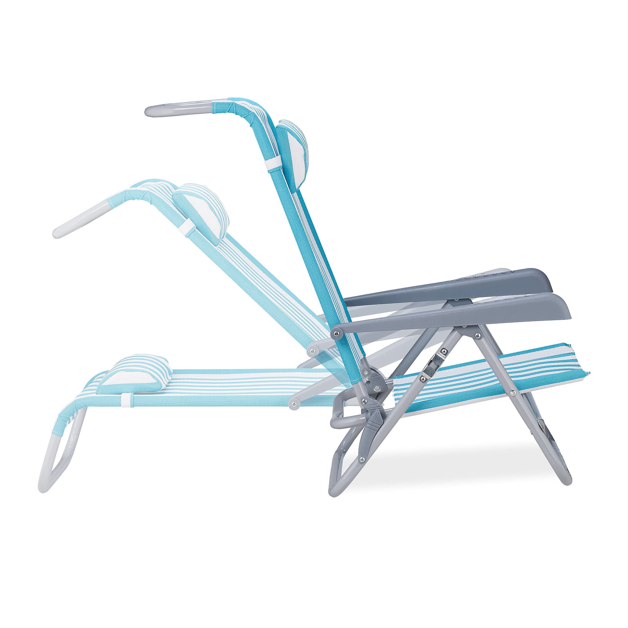 Relaxdays Sedia Sdraio Pieghevole, Regolabile su 8 Livelli, Poggia-Testa Braccioli e Apribottiglie Laterale, Blu Bianco