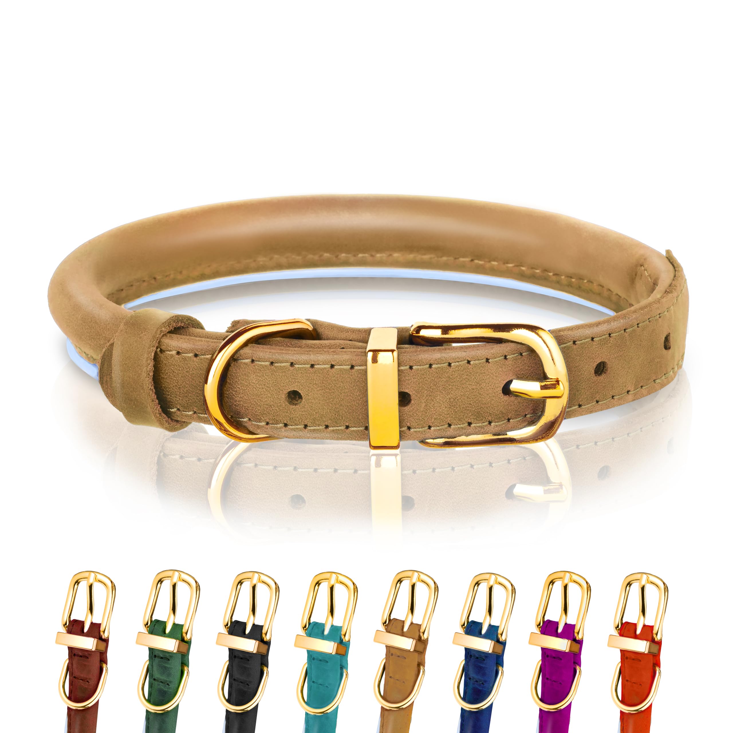 OOPSDOGGY Reflective Rolled Leather Dog Collar for Small Medium Large Dogs Puppy 8 Colors, 7 Sizes (Camel, XL, 17"-21")
