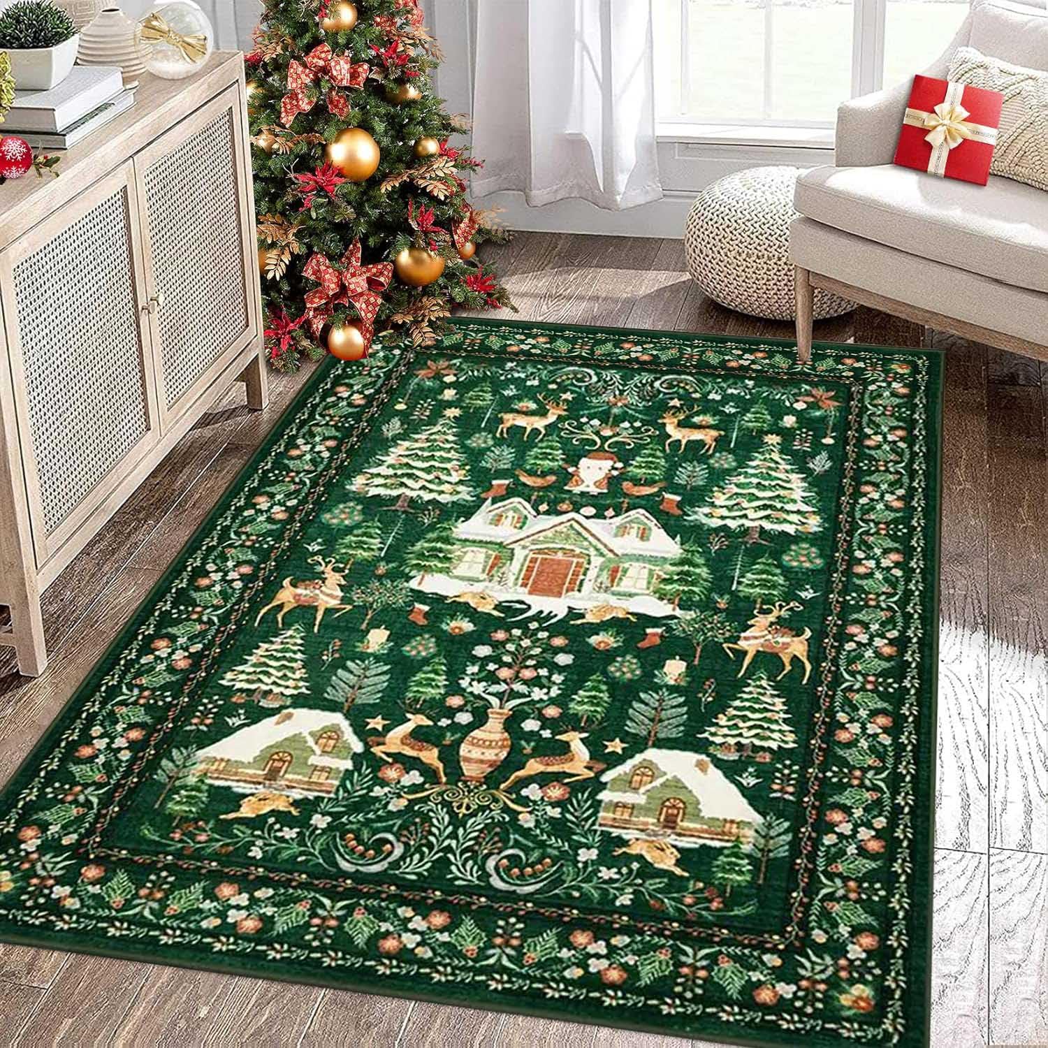 Alfombra Verde Grande de Navidad, Alfombras de Cocina Antideslizante Navideña, Alfombra Vintage Bohemio de Navidad, Alfombra de Navidad Lavables para Salon Entrada Oficina,200x300cm