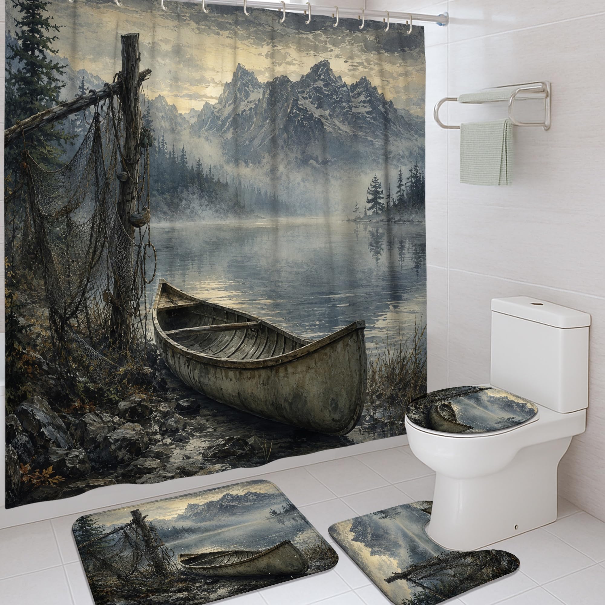 Rideau de douche canoë et lac d'automne pour salle de bain rustique 183x183 cm