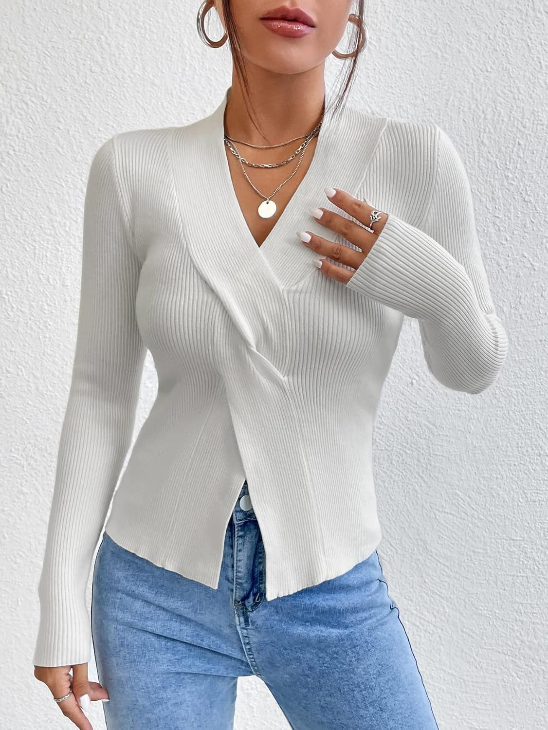 Women's Sweater Twist Front Ribbed Knit Sweater Sweater for Women (Color : White, Size : Medium)