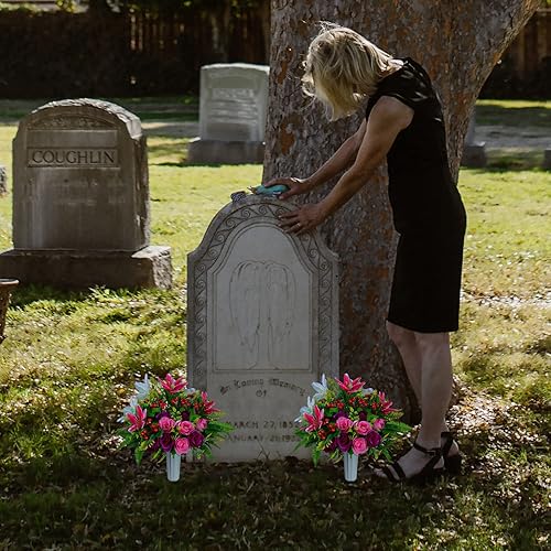 Miniatura 6 de XONOR Flores artificiales de cementerio con jarrón, juego de 2 ramos de lirios de rosas artificiales, flores conmemorativas para decoración de