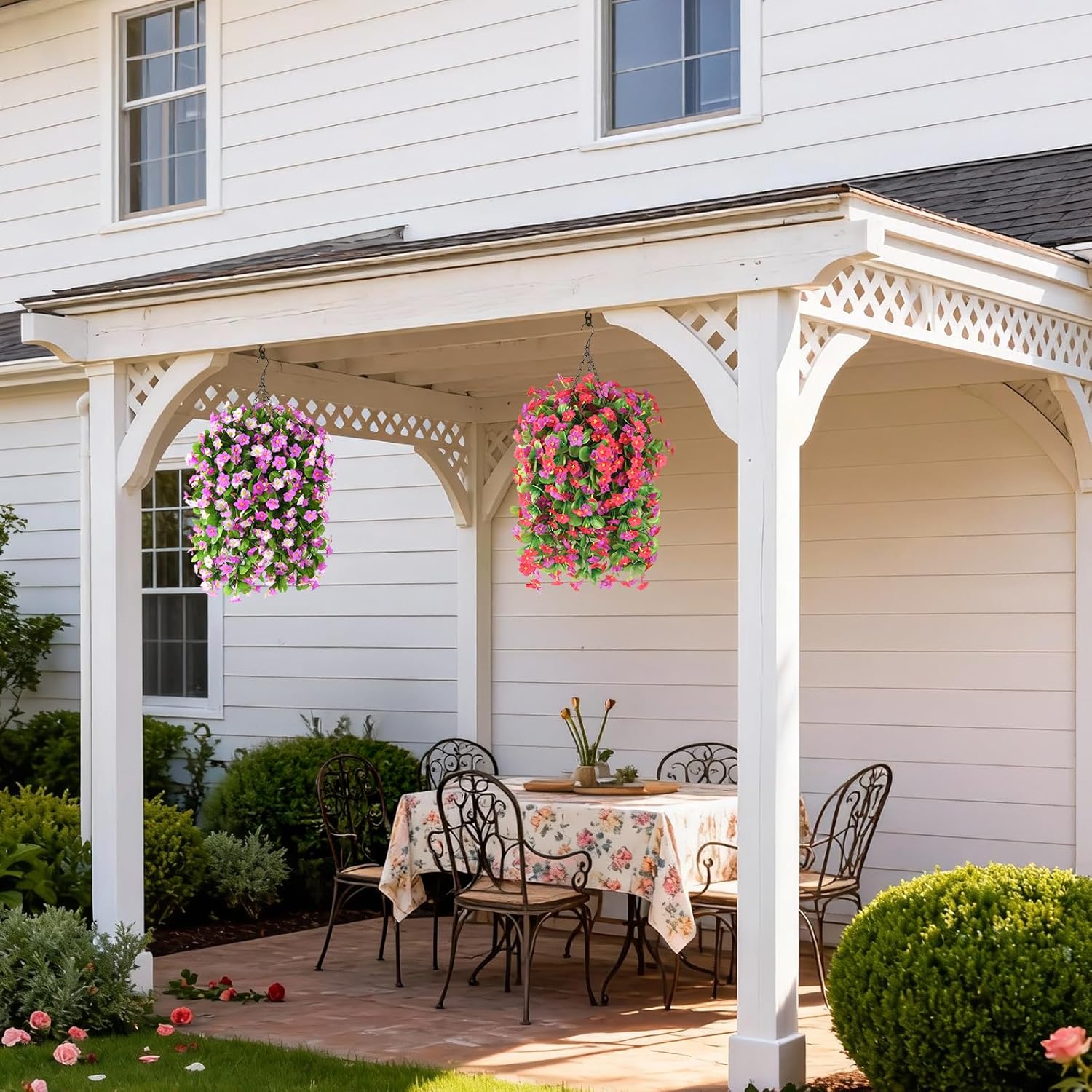 ZFProcess Artificial Fake Hanging Flowers for Outdoors, 2 Pcs Artificial Hanging Plants Outdoors Spring Summer Decor, UV Resistant Faux Violet Silk Flowers for Planters Front Door Yard Garden(Purple)