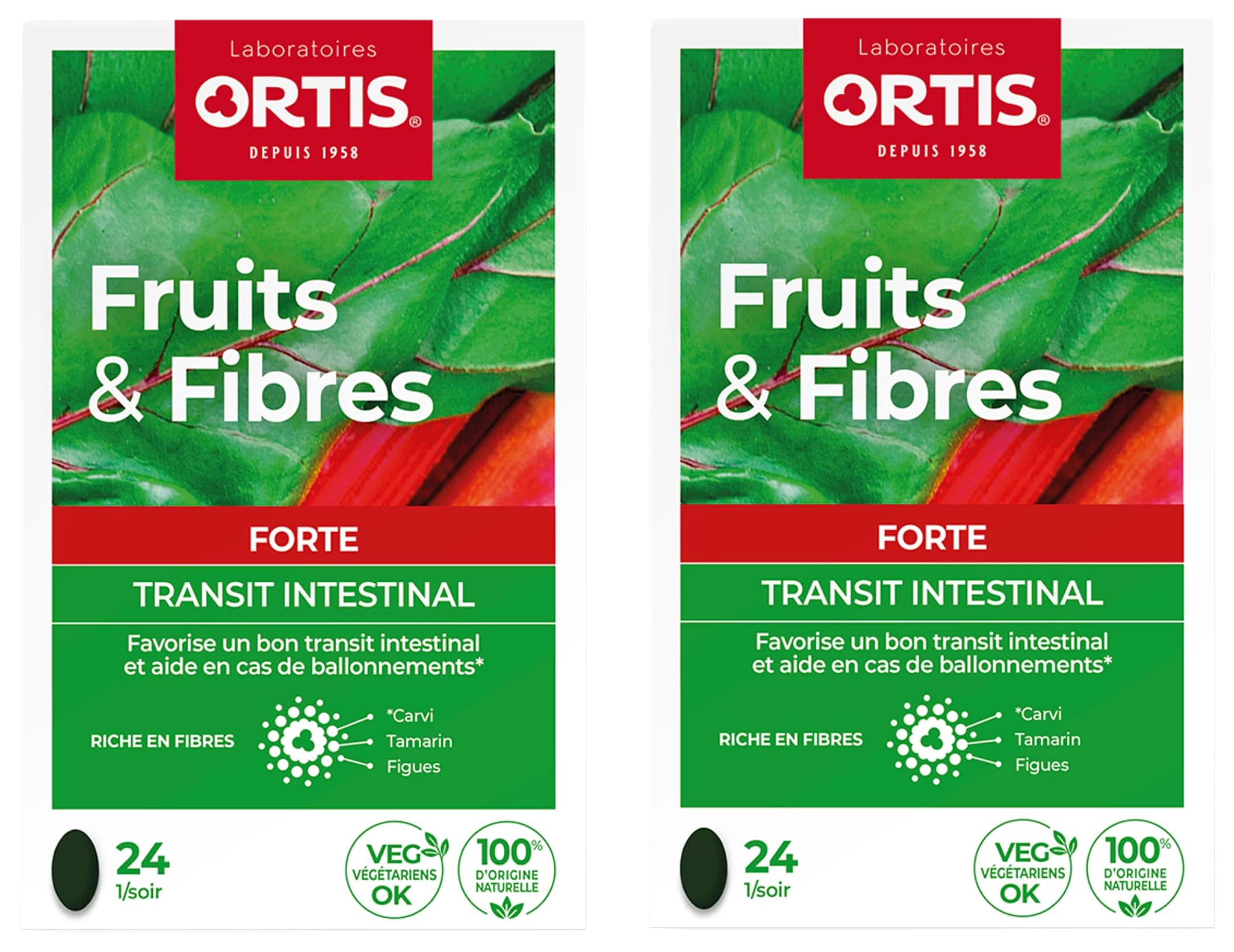 ORTIS Fruits & Fibres FORTE Transit Intestinal Action RAPIDE 8h Complément Alimentaire 24 Comprimés Lot de 2 Boites