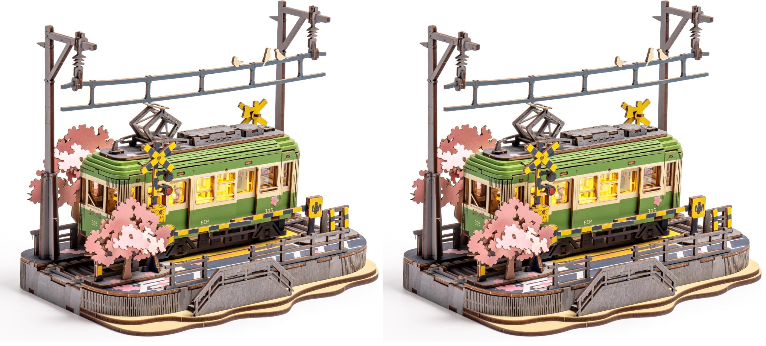 ROBOTIME Puzzle 3D Maquette de Train Sakura en Bois avec Lumière LED, Maquette en Bois a Construire Adulte, Cadeau pour Adultes, Adolescents, Filles (Lot de 2)