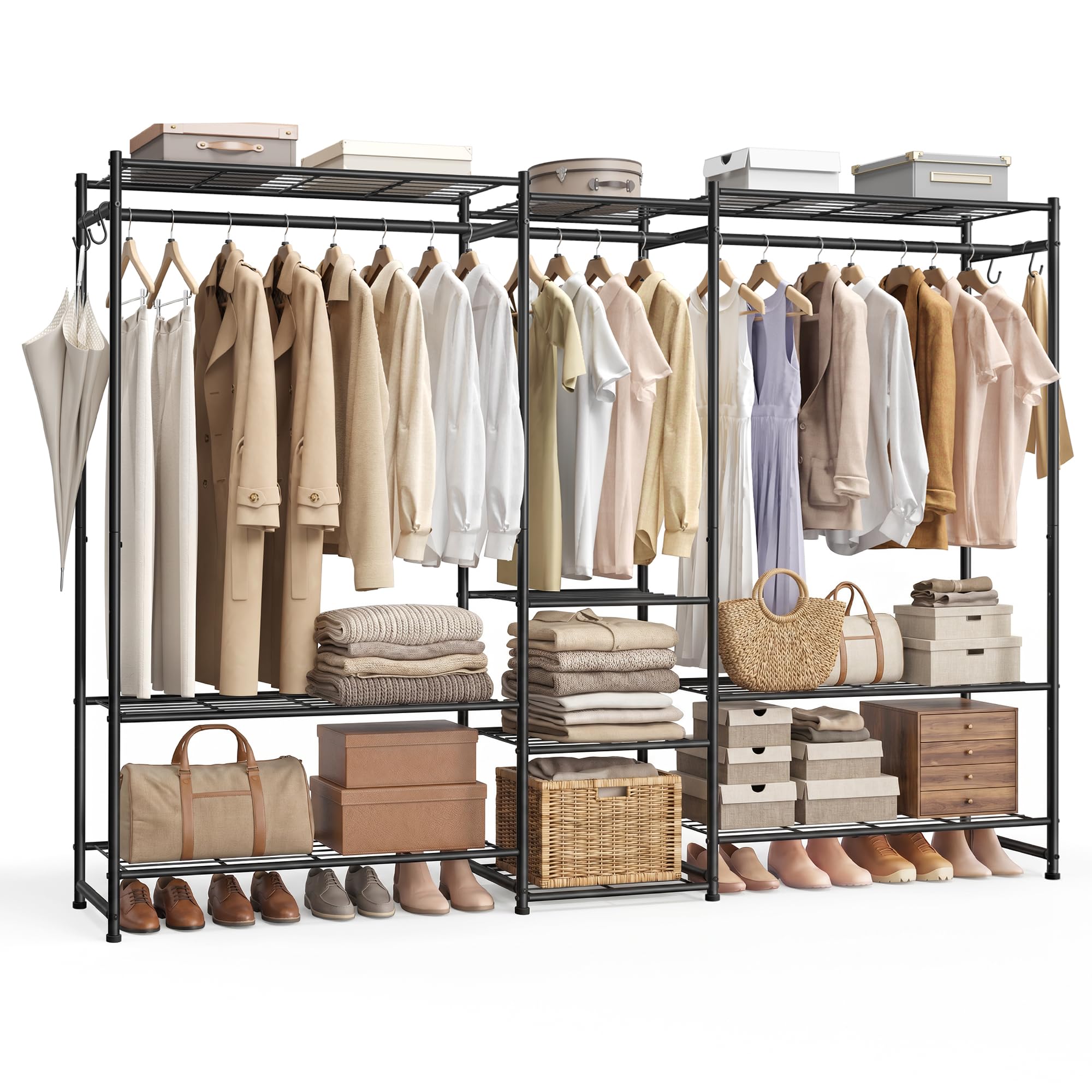 SONGMICS Open Wardrobe, Clothes Rack, Clothing Rack with 10 Shelves, 3 Clothes Rails, 4 S‑Hooks, Metal Frame, for Bedroom, Living Room, Hallway, Black LGR011BZ01