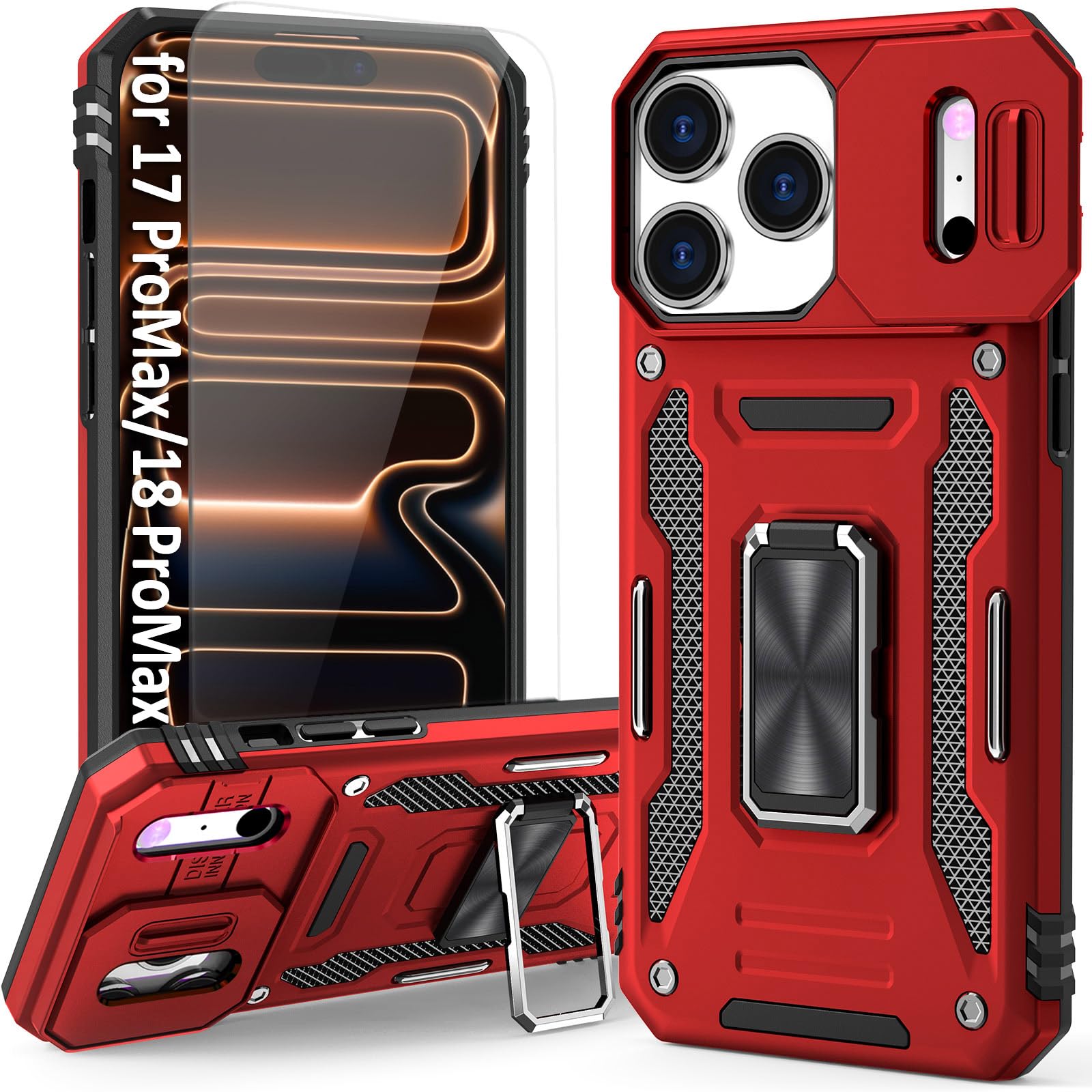 Red Phone Case Compatible with iPhone 17 Pro Max & iPhone 18 Pro Max Case with Slide Camera Cover & HD Screen Protector, with Finger Ring Holder Stand, fit Magnet Car Mount