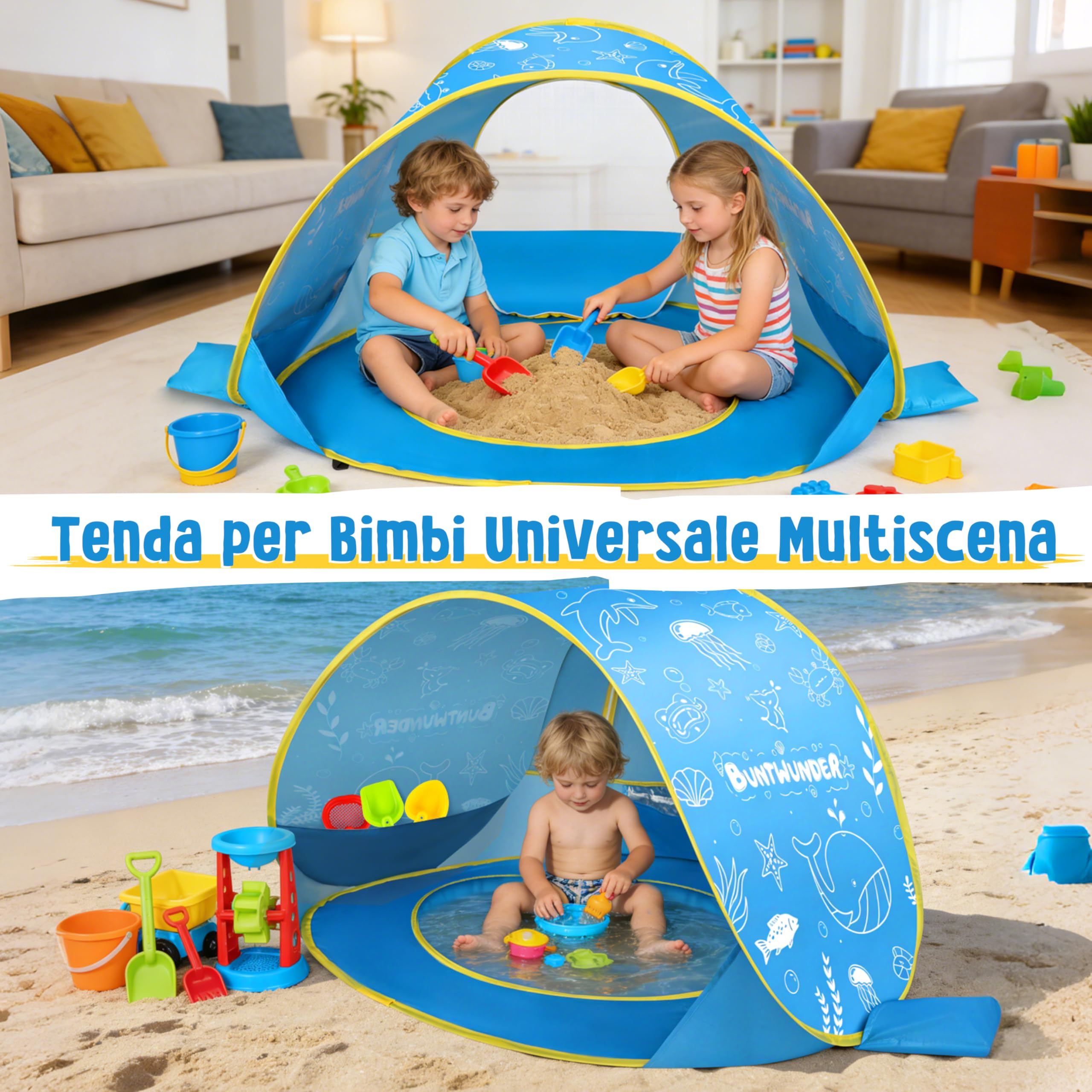 JONRRYIN Tenda da Spiaggia Bambini Pop-Up, Tenda Spiaggia con Mini Piscina, Tenda da Spiaggia Portatile Protezione Solare UPF 50+, Ideale per Viaggio in Spiaggia Campeggio (Blu)