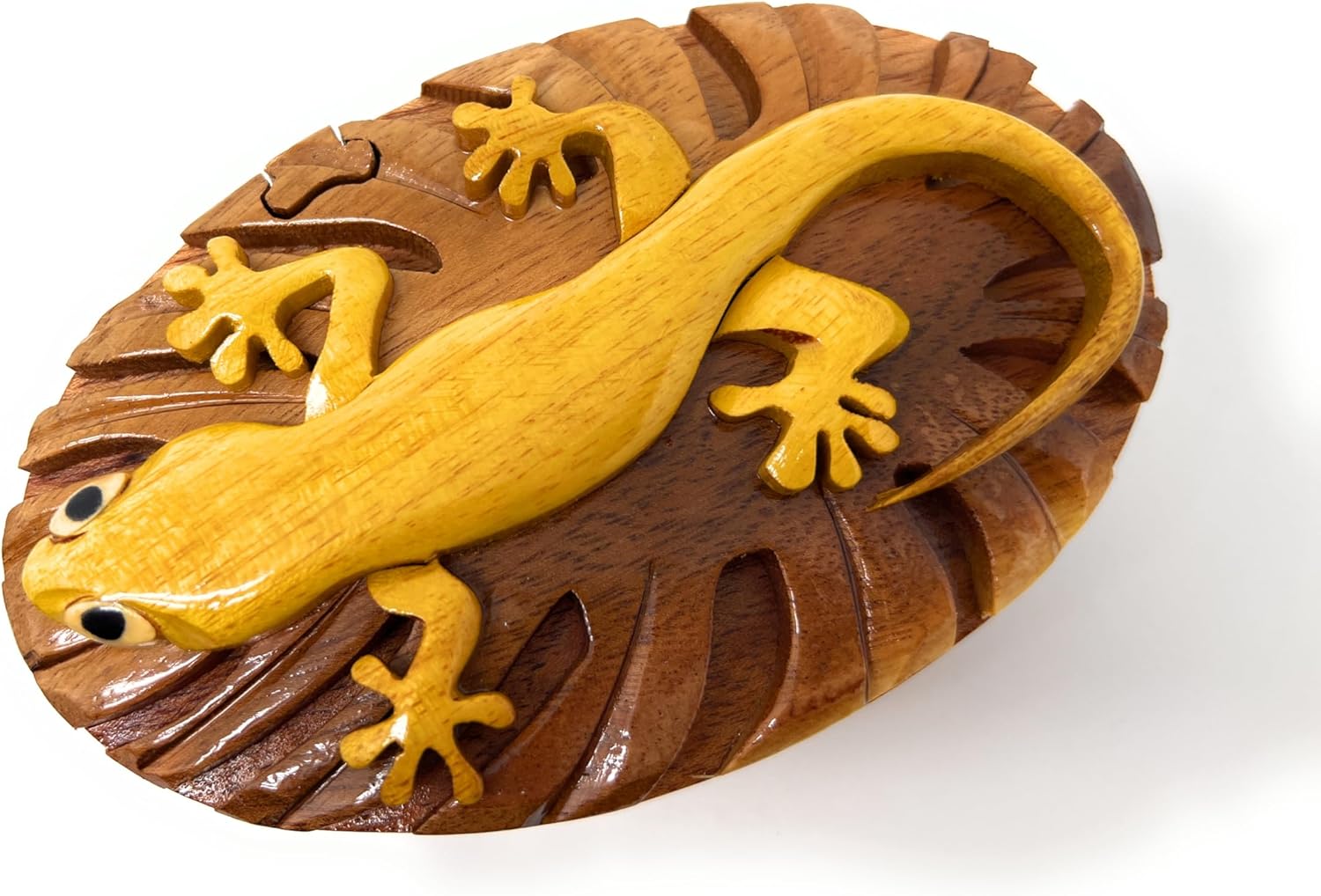 Gecko, All Natural Wood Puzzle Box, Handcrafted with Hidden Compartment and Key, Exotic Intarsia Wood Art