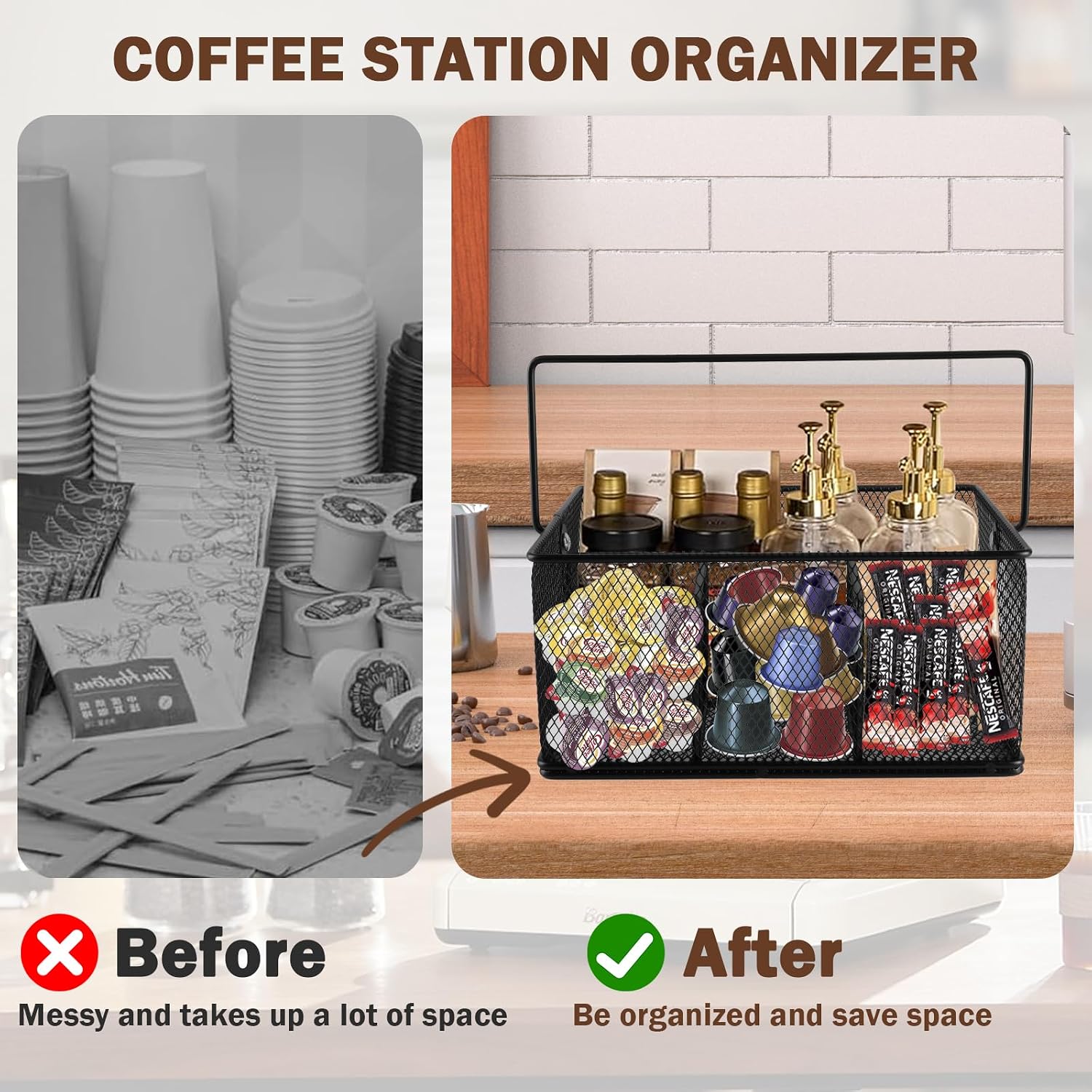 Coffee Bar Organizer,Metal Mesh Snack Organizer Basket with Hideaway Handle,Large Capacity Coffee Snack Holder for Countertop,Coffee Pods,Tea Condiment,Snack Bar,Kitchen Pantry Storage(Black)