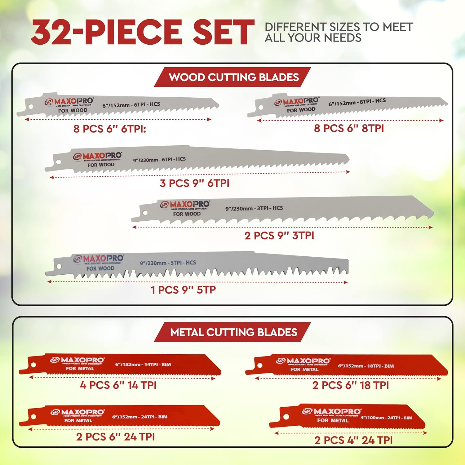 32-Pieces Reciprocating Saw Blades Set – Premium Quality Sawzall Blades for Metal and Woodcutting – Durable & Sharp Pruning Saw Blades with Organizer Pouch