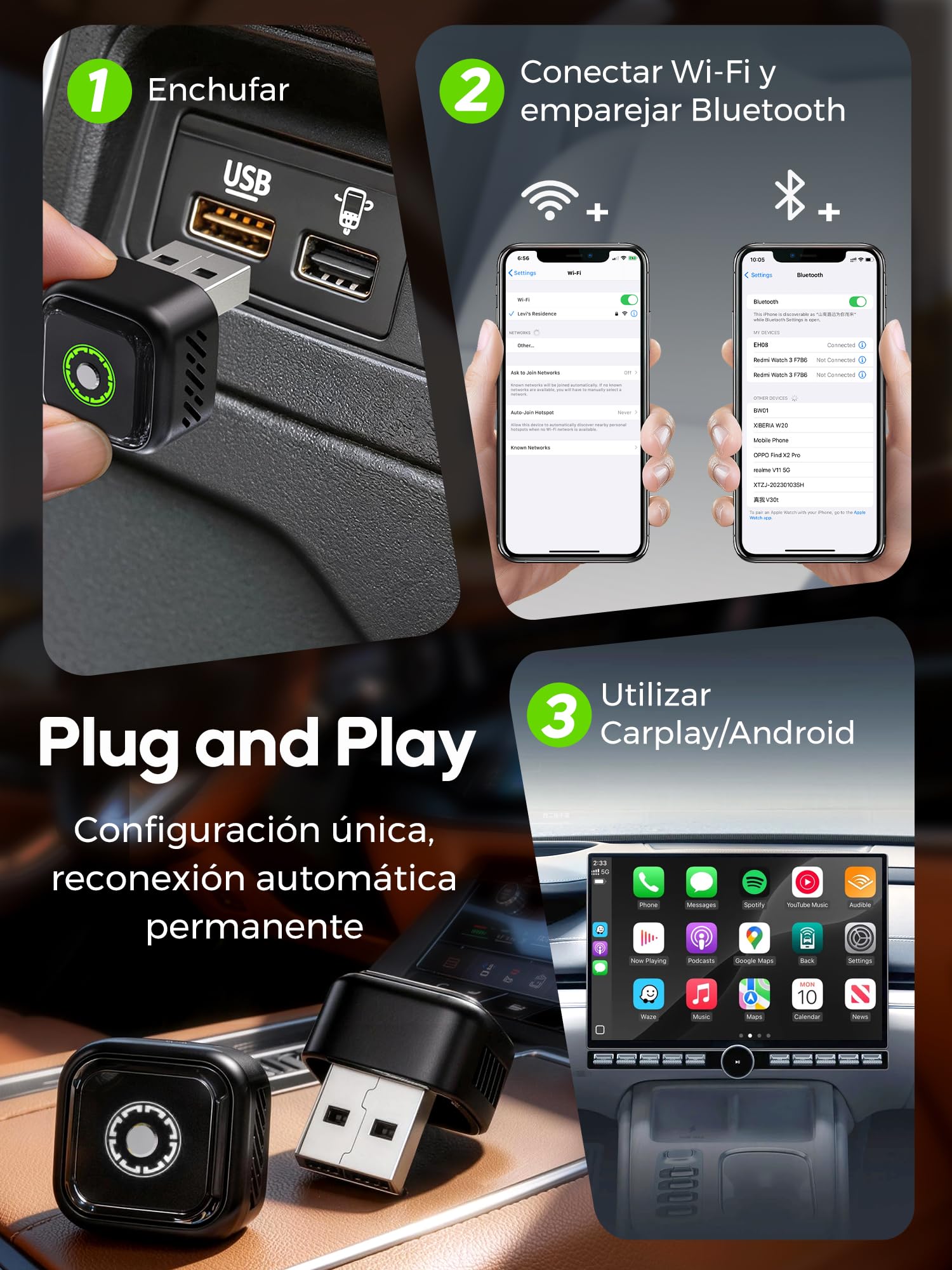 Adaptador CarPlay Inalámbrico Android Auto: Adaptador Inalámbrico 2 en 1 para CarPlay y Android Auto con USB/Tipo-C Plug & Play Convierte Cableado a Inalámbrico Compatible con iOS 10+ y Android 11+