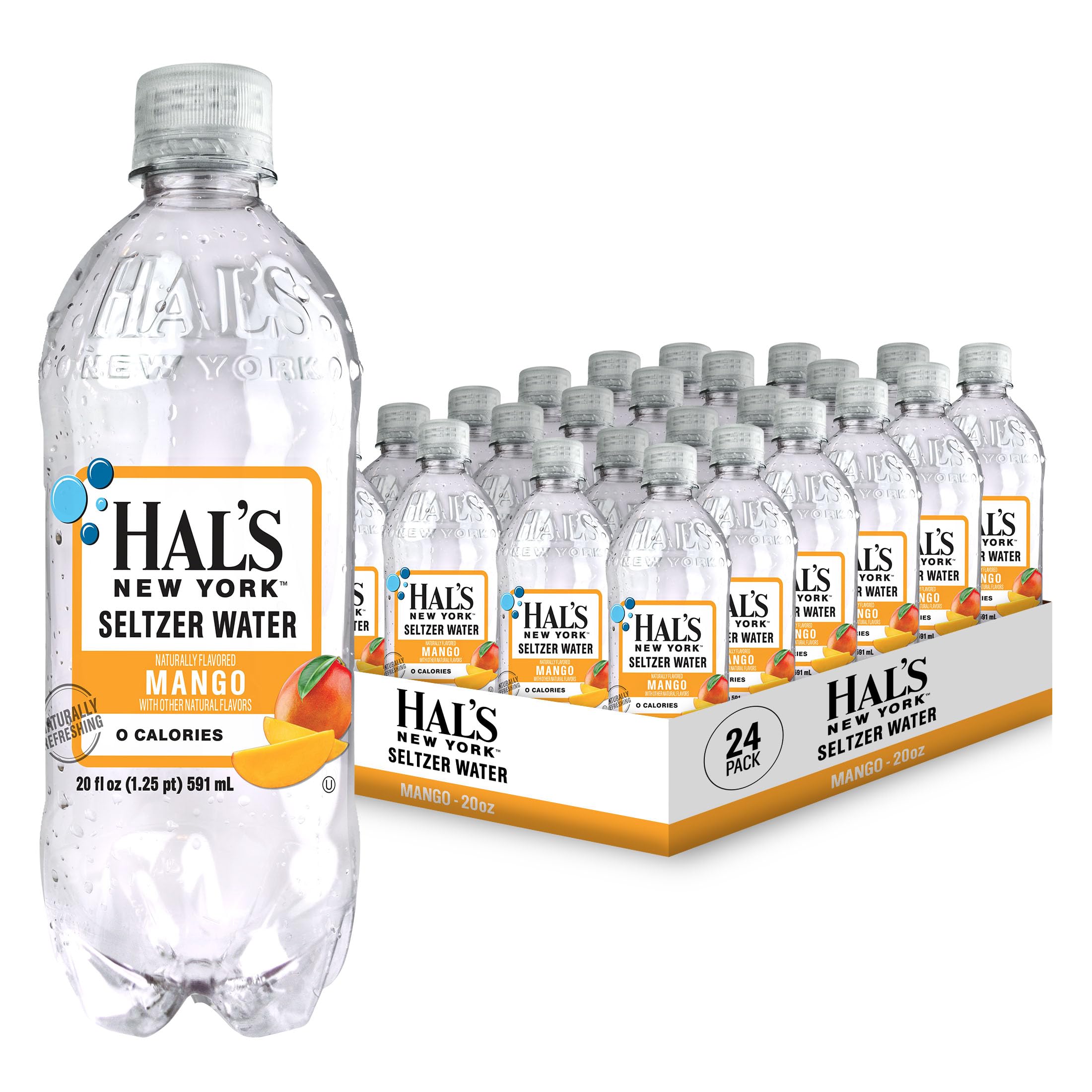 Hal's New York Seltzer Water, Mango Sparkling Water, 20 Fl Oz Bottles (Pack of 24)