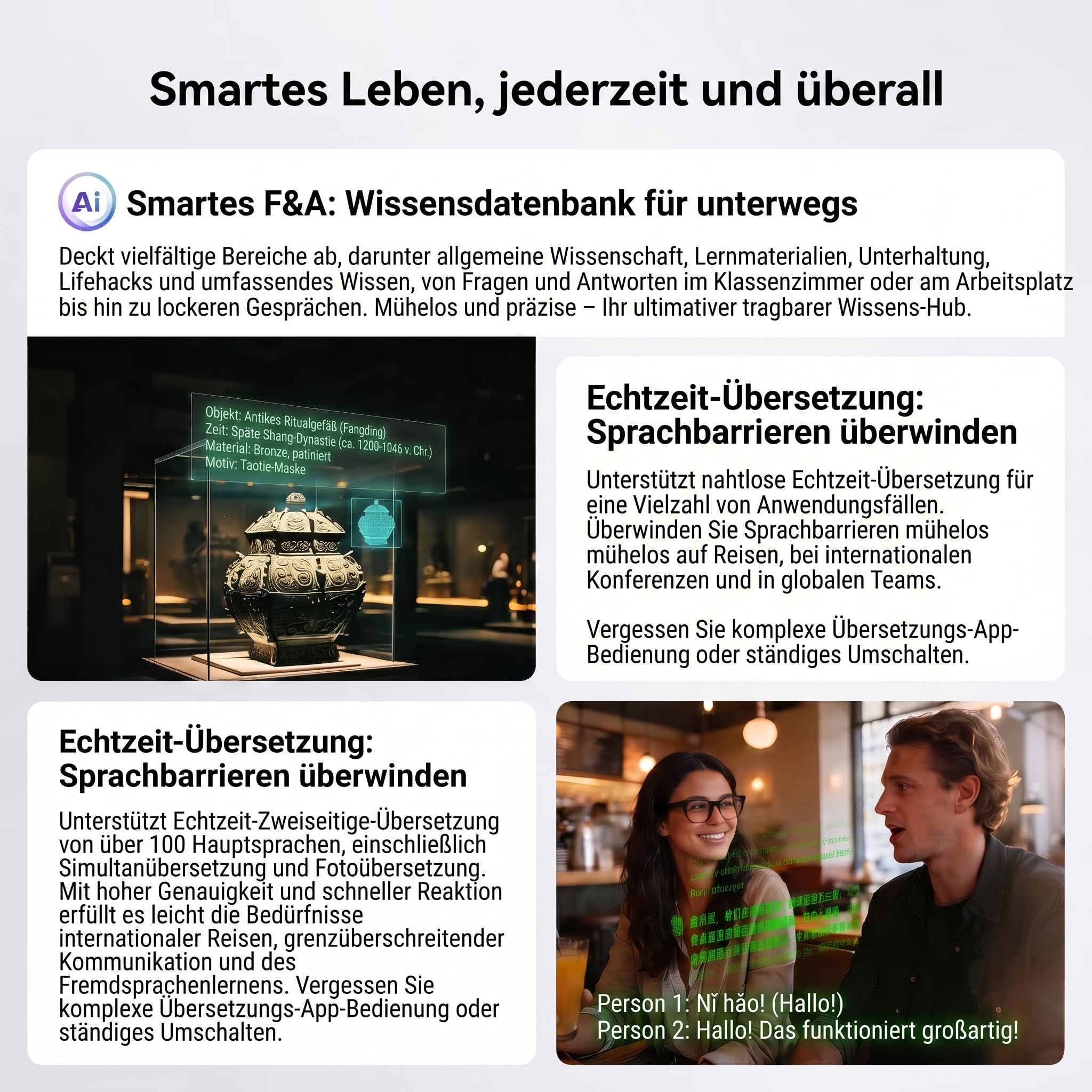 Smart Glasses - Occhiali KI, Assistente Vocale ChatGPT, Traduzione in Tempo Reale 89 Lingue, Fotocamera 2K, Wi-Fi, Protezione UV, Impermeabile, Rilevamento Oggetti, 2 Lenti (Fotocromatiche +