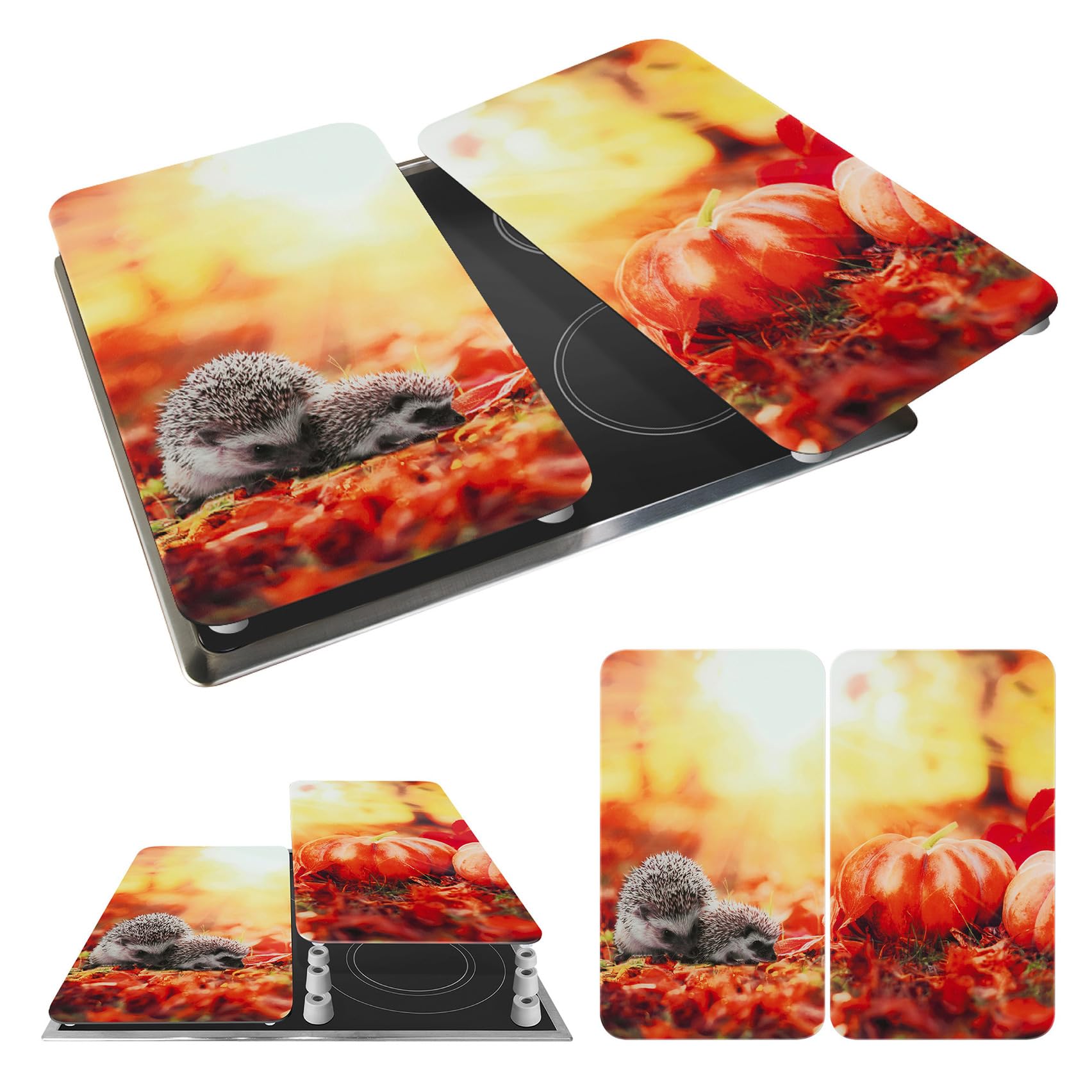 WENKO Plaque de Recouvrement Universelle Mod Automne, réglable en hauteur pour tous types de cuisinières, planche à découper et protection anti-éclaboussures, verre, 30 x 52 cm, 2 pièces
