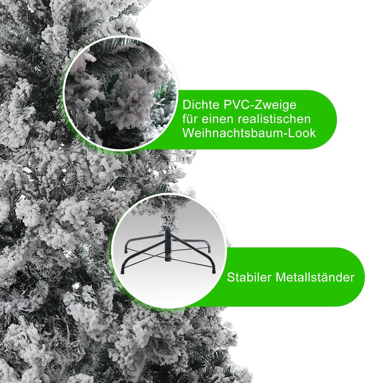 Choinka ze śniegiem, 150 cm, sztuczna choinka z metalowym stojakiem, igły PCW z białymi imitacjami płatków śniegu, sztuczne drzewko bożonarodzeniowe, system składania zielony