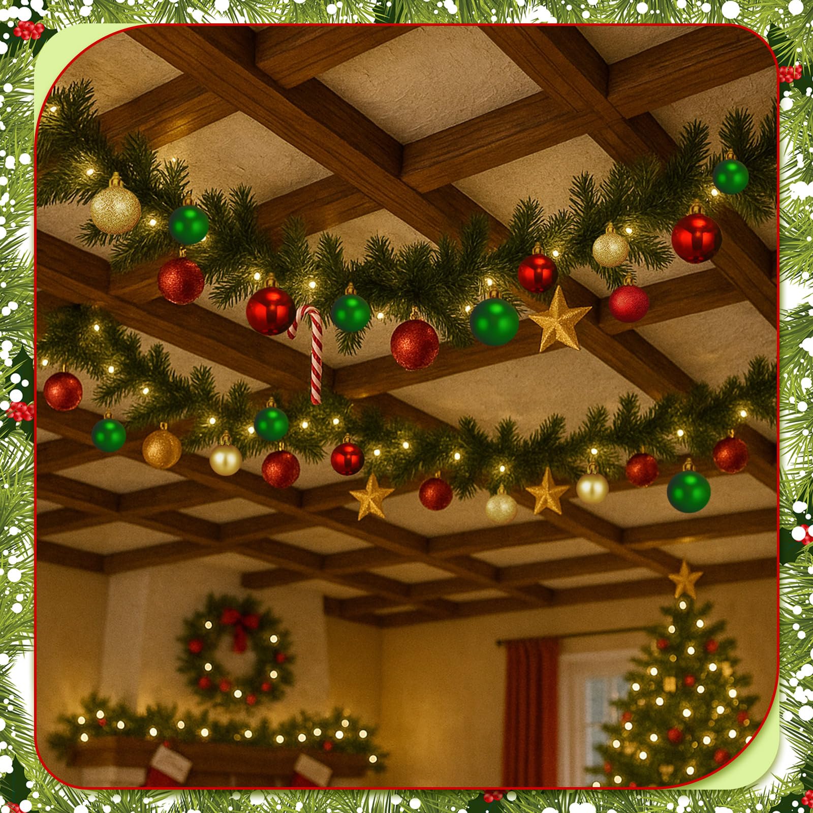 Soulchen Set di decorazioni natalizie per corridoio e soffitto, con 82 ornamenti a sfera di Natale, 100 ganci adesivi da soffitto da 19,8 m, luci a LED, decorazione natalizia per corridoi, per interni