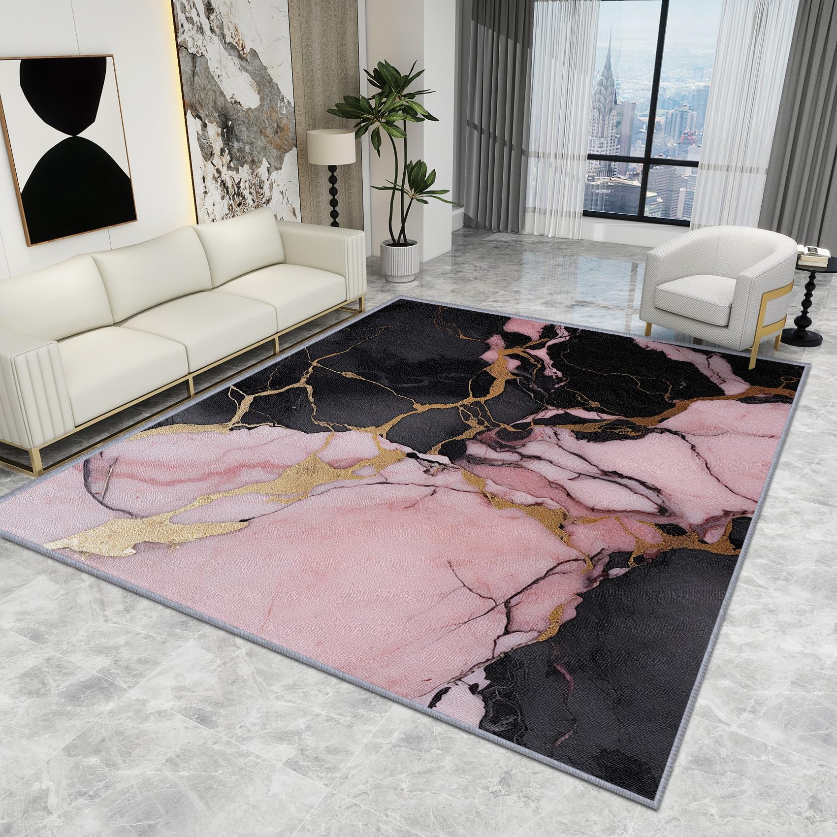 Marble Rug 3m - Pink Gold Black Abstract Luxury Modern Carpet, Washable Non Slip Low Pile Soft Large Area Rug, Home Decor Gift, 140 X 200 cm