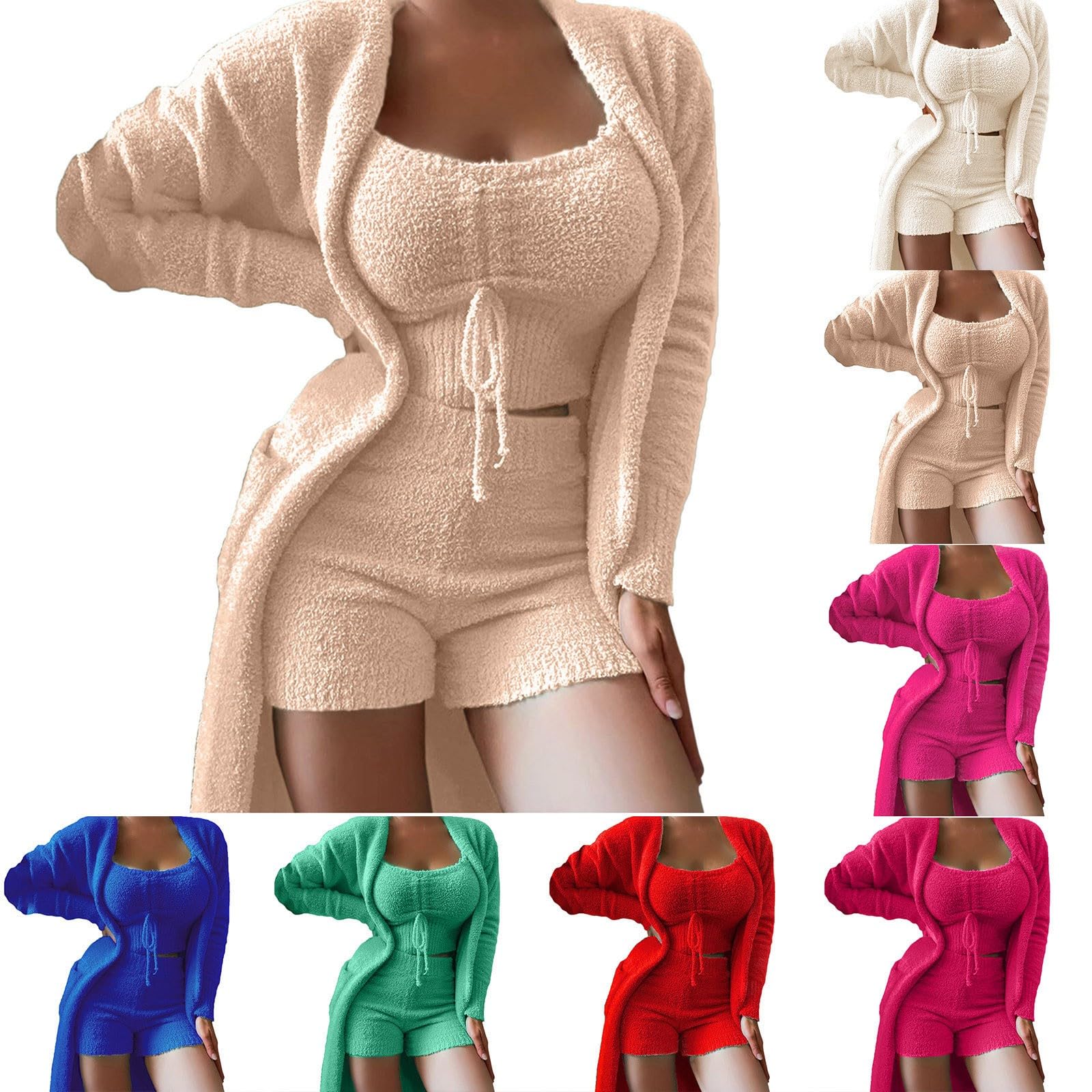 Pyjama pour femme en peluche chaude | Combinaison de maison pour femme 3 pièces Pyjama doux avec pyjama | Ensemble cami et short Ensemble de vêtements de nuit pour femme Manteau uni Ensembles de