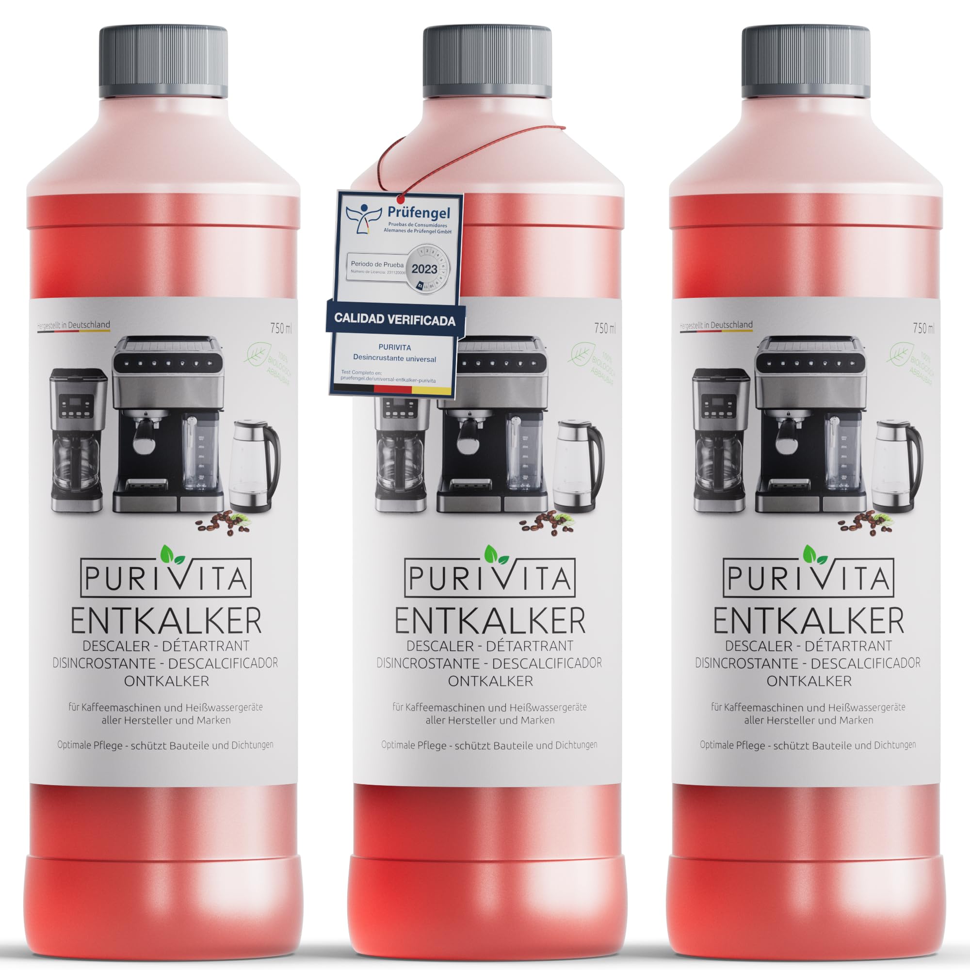 PURIVITA® Descalcificador Universal Cafetera y Hervidor, 3x750 ml | Descalcificador antical para cafeteras, máquinas de café, espresso y monodosis – indicador de color, dilución 1:4