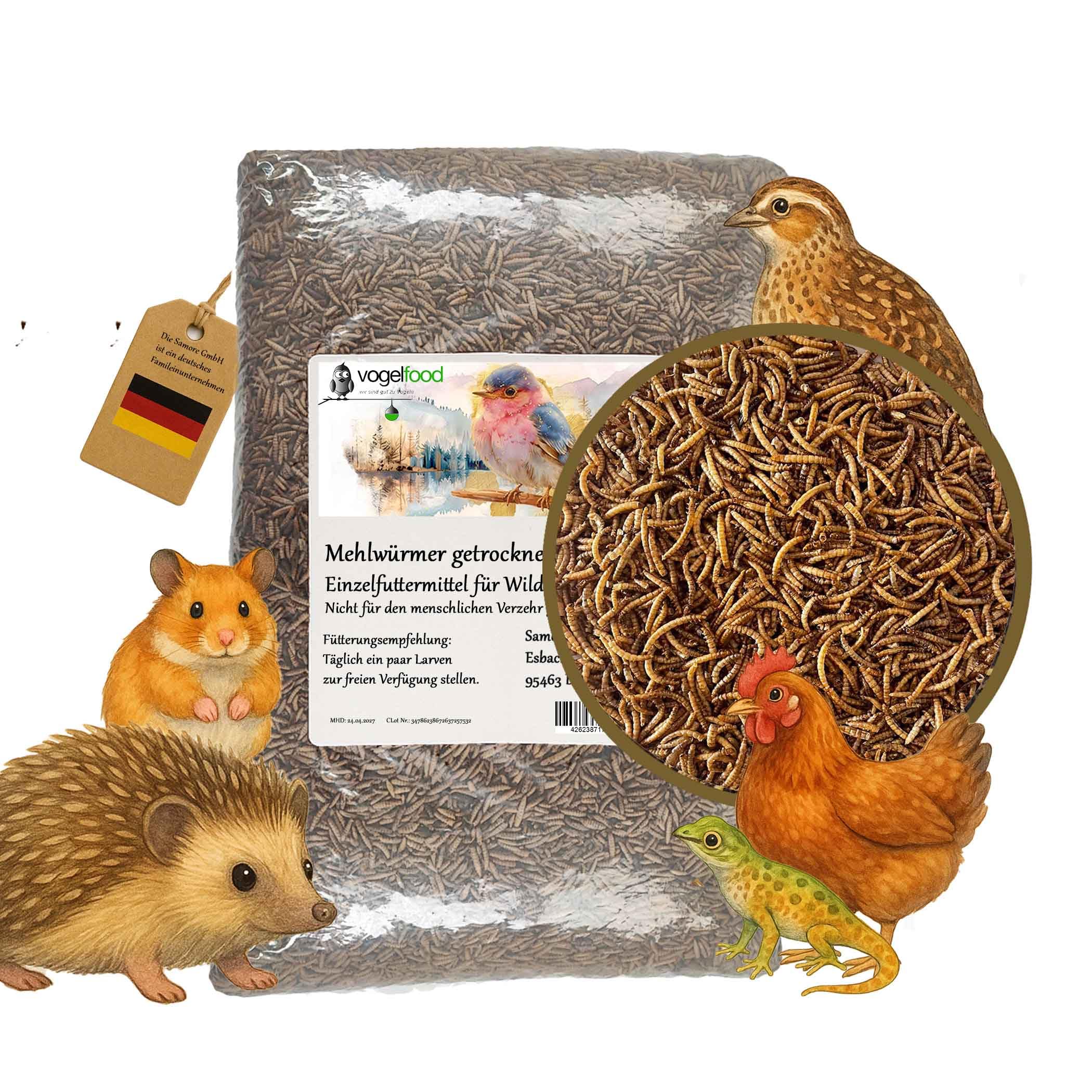 Samore 5 kg Mehlwürmer getrocknet - Vogelfutter Fisch-Futter Nager Vögel Reptilien Igel