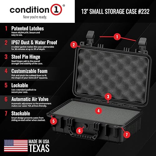 Miniatura 3 de Condition 1 Funda rígida protectora impermeable de 13 pulgadas con espuma, color negro, 13 x 9 x 5 pulgadas, #232, impermeable, IP67, a prueba de