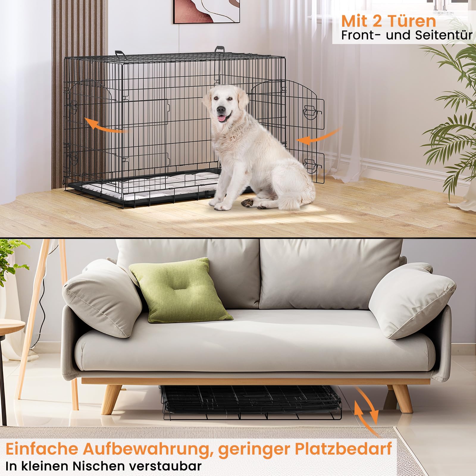EUGAD Hundebox, Hundekäfig Metalldraht mit ausziehbare Bodenschale | Hundekäfig Faltbar 2 Türen, Hundebox zuhause 108x76x69cmTransportkäfig, Hundetransportbox für Hunde Welpe mittelgroße