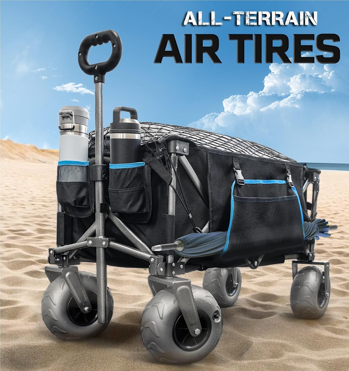 Deep Sand Beach Wagon with Big Air Wheels, Umbrella Pocket, Cargo Net  Cup Holders - Large All-Terrain Balloon Tires, Folding Utility Cart, [Heavy-Duty Steel Frame] Blue/Black