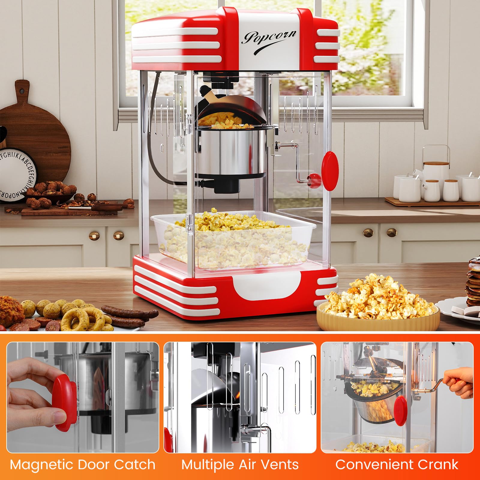 LIFEZEAL Macchina Popcorn 1200W, Riscaldamento e Mantenimento Caldo, Macchinetta Pop Corn Elettrica con 2 Misurino, Contenitore in Acciaio Inossidabile e Vassoio Rimovibile, Condimento Personalizzato