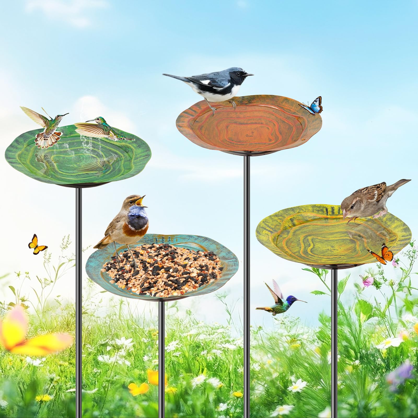 4 vasche per uccelli in metallo per esterni, piccola vasca per uccelli da giardino con paletto in metallo, mangiatoia per colibrì per decorazione del prato (bacino a onde 4P)