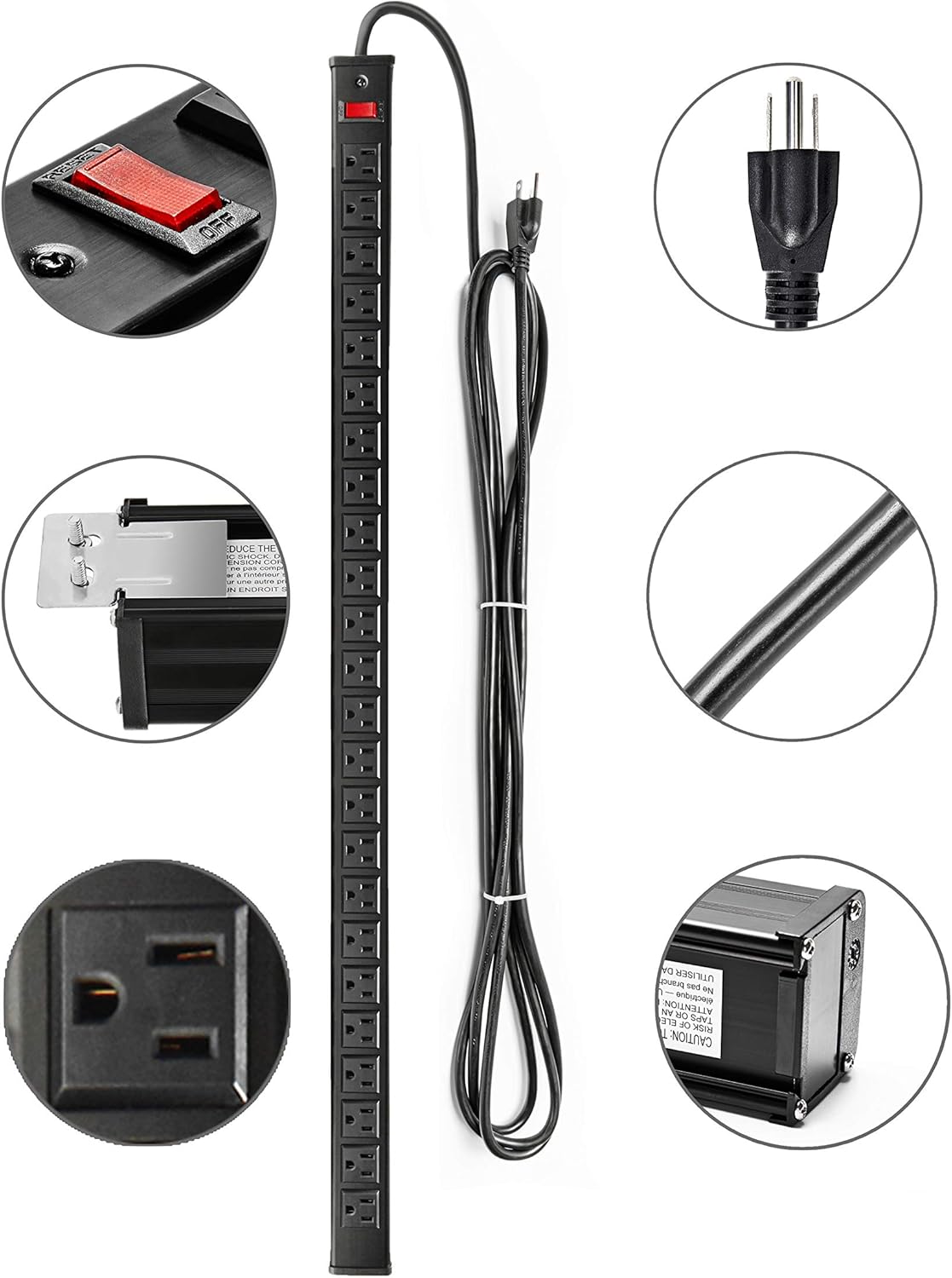 Authentic Crazy Deals Surge Protector Power Strip 24-Outlet, ETL Certified Long Heavy Duty Metal Power Strip with 15-Foot Long Extension Power Cord for Cabinet, Industrial, Commercial and Home (Black)