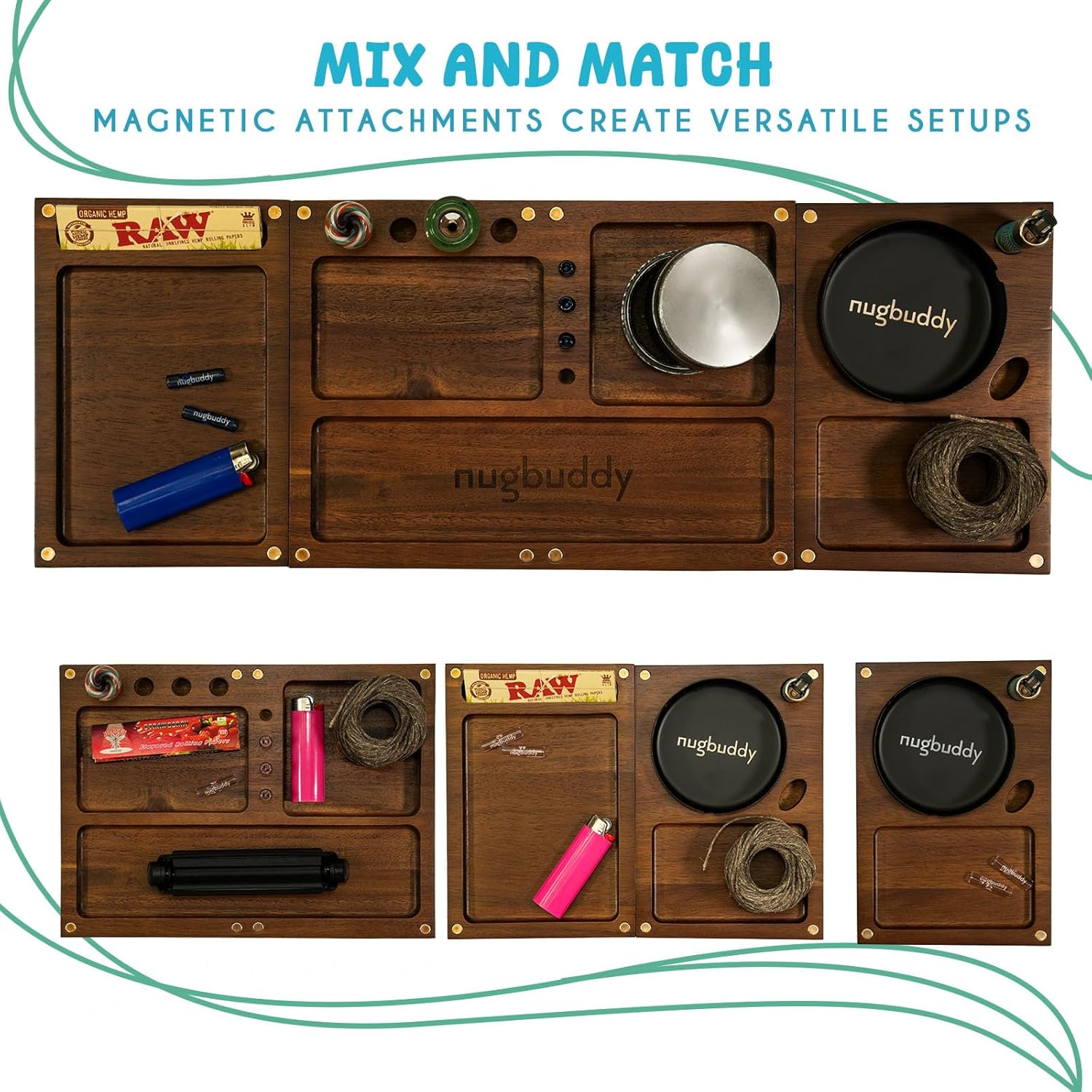 Wooden Rolling Tray | 3 in 1 Folding Design Set w Magnetic Lid | Big & Small Trays + Removable Metal Tray | Portable Accessory Kit for Car Travel & Home | Premium Acacia Wood