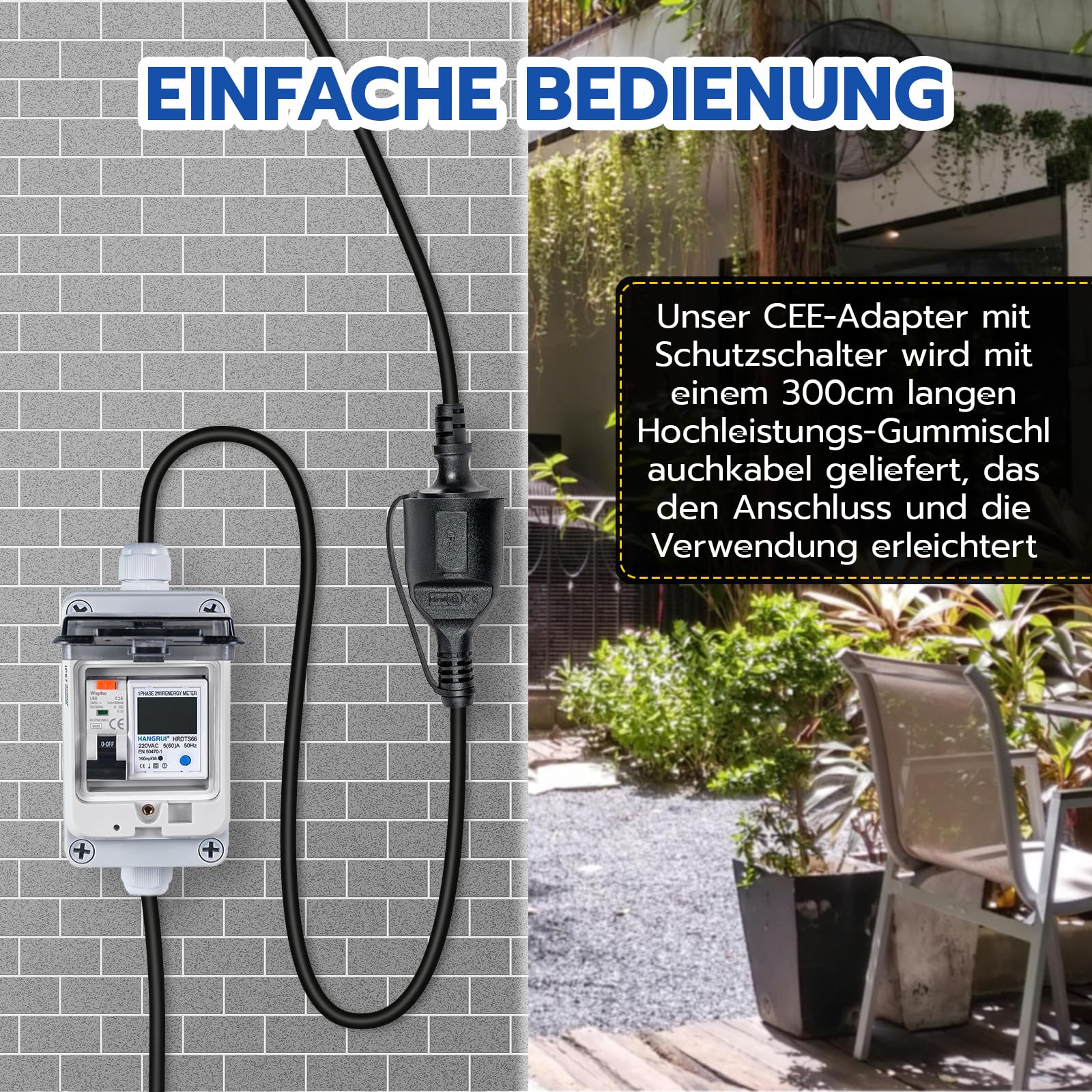230VAC 16A Mobiler Digitaler Stromzähler für Steckdose mit FI Schutzschalter Typ A,230V IP44 Schuko Stecker,Zwischenzähler Strom mit IP67 Stromzählergehäuse