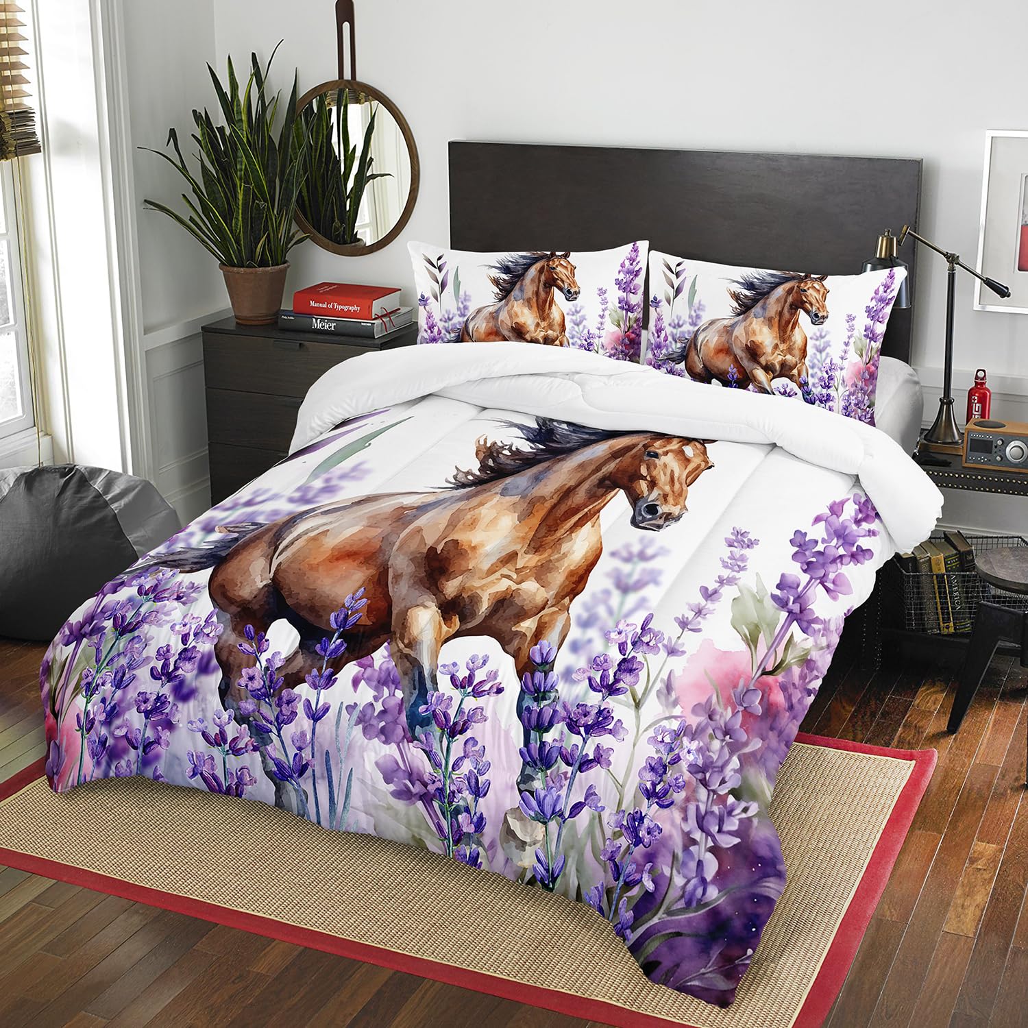 AILONEN Horse Comforter Set Full Size, Galloping Horse Bedding Set for Boy Teens,Lavender Flowers Bed in a Bag,3Pcs,1 Quilt and 2 Pillowcases,Soft Microfibre for All Season