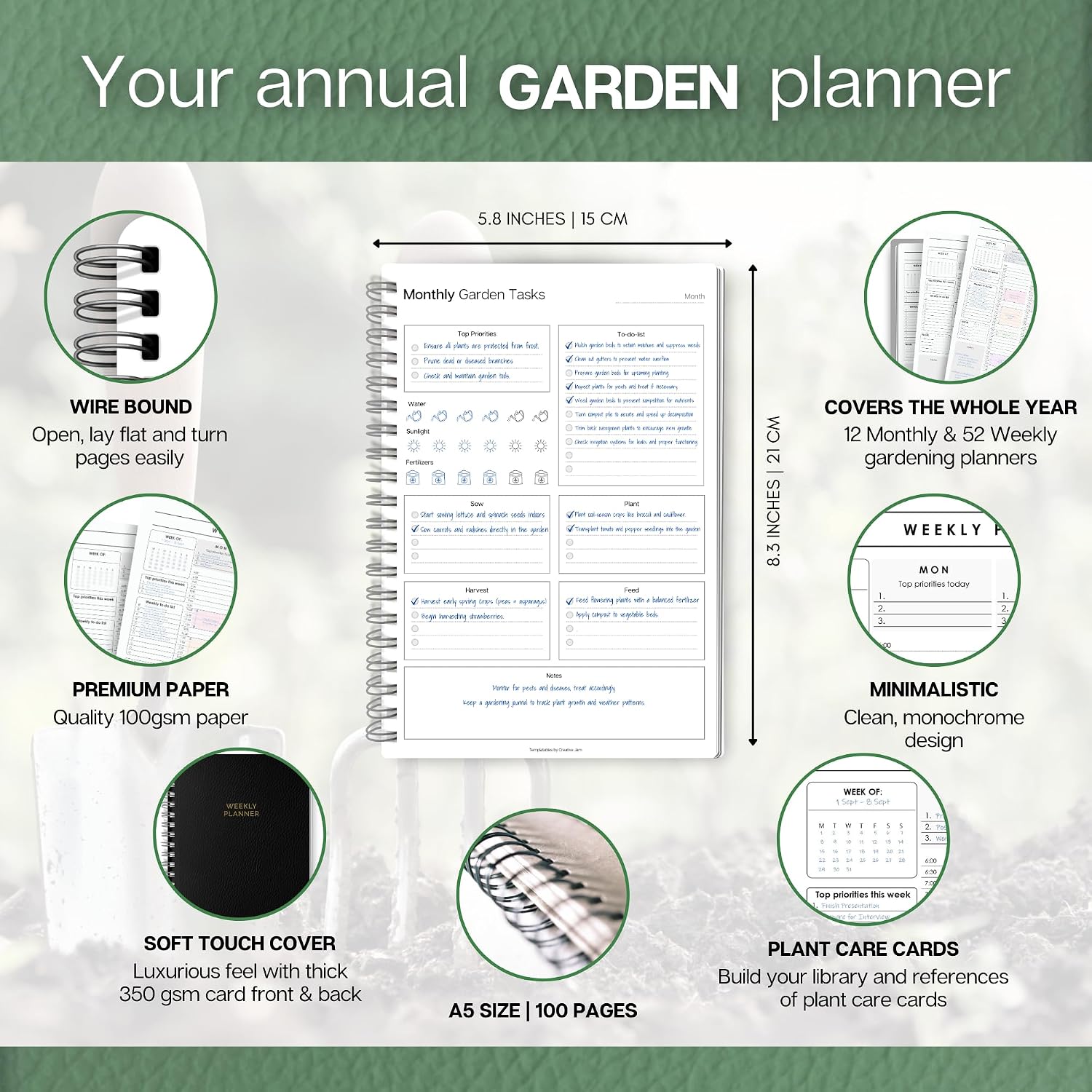 Gardening Planner & Plant Journal | Planting Calendar, Plant Care, Seed Starting, Herb Notes, Garden Planner (Green) image 2