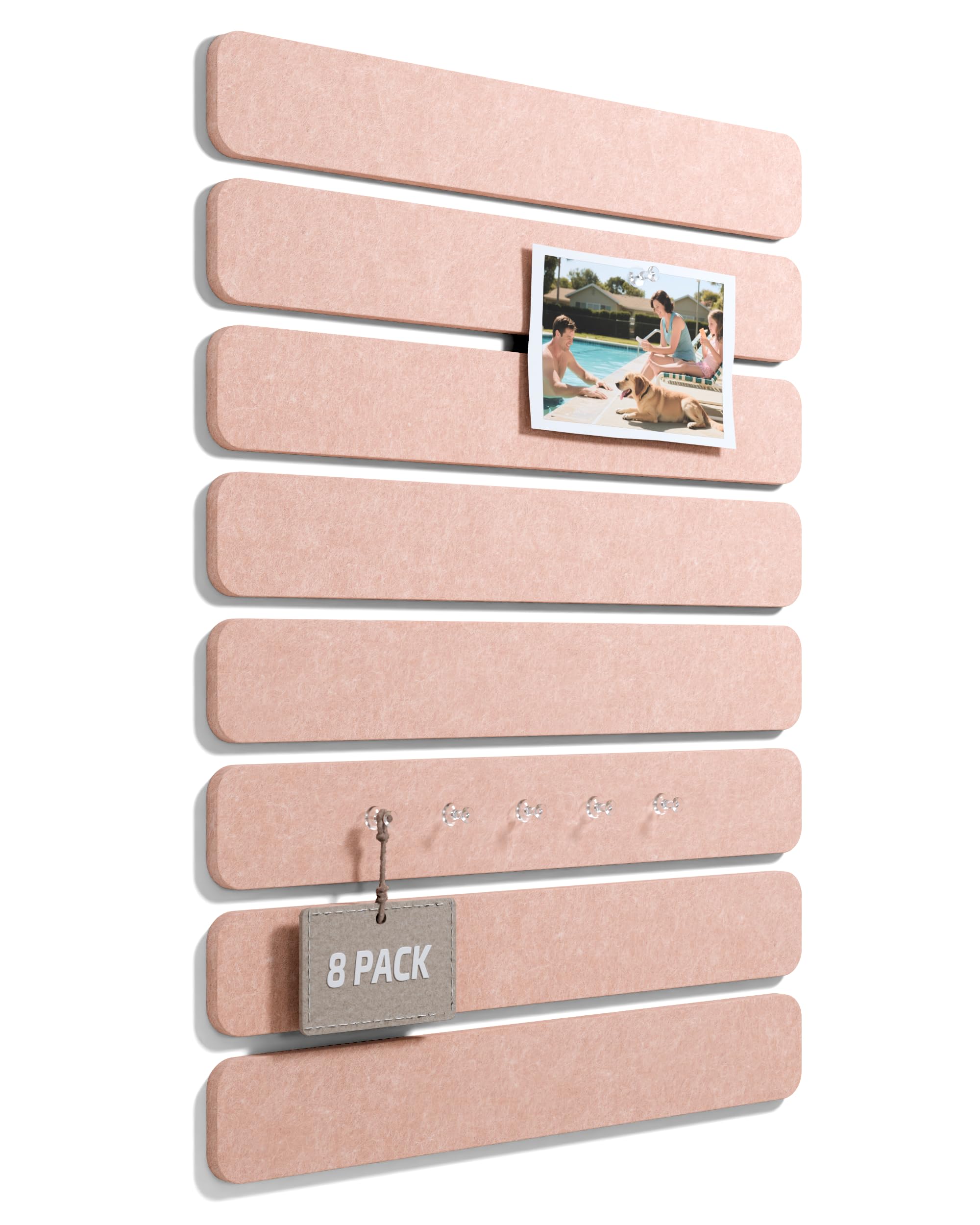 Fluxynara Cork Board Alternative Felt Strip Board 8-Pack 33x5 cm, Office Pin Board with Push Pins, Adhesive Install for Bedroom Door & Home Office (Pink)