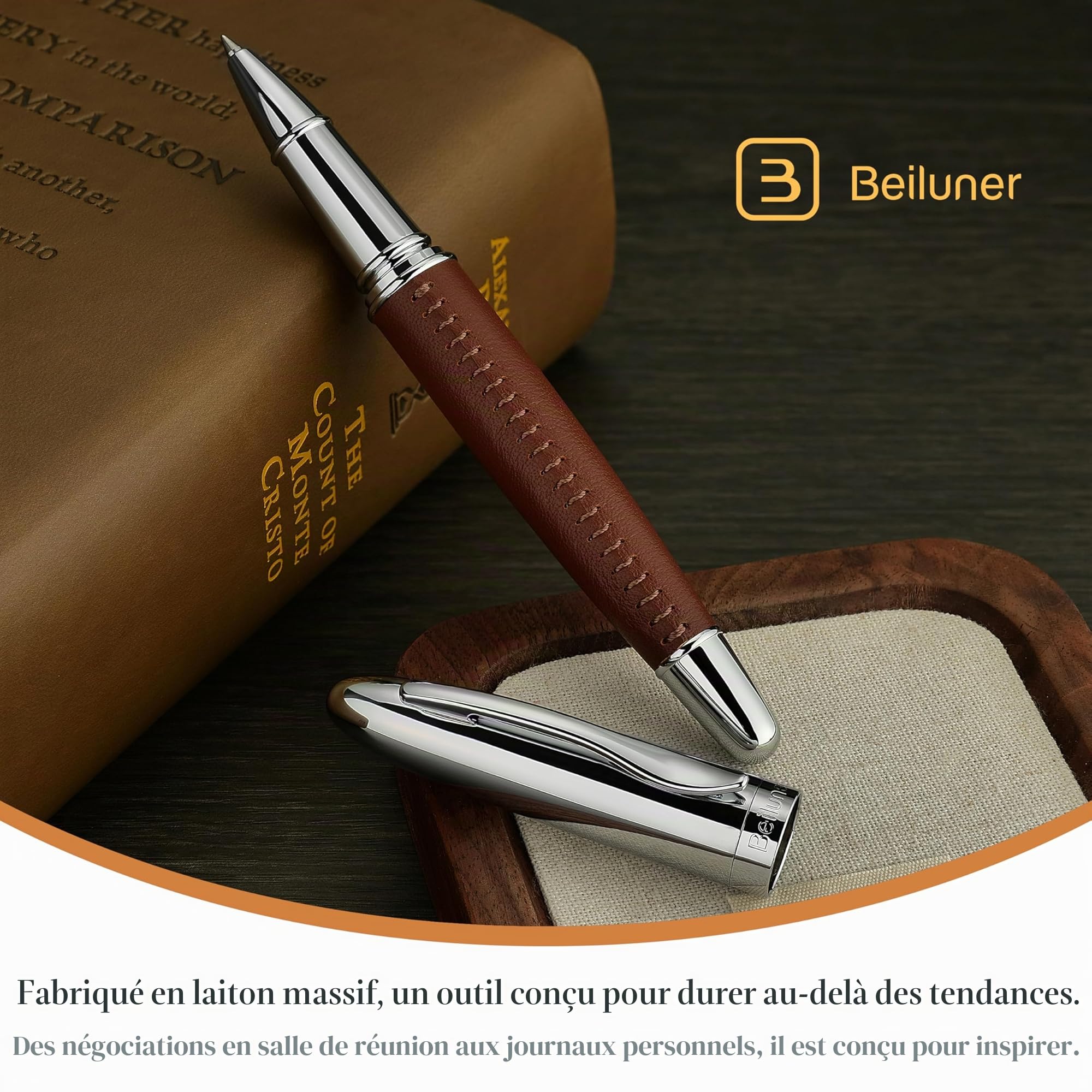 BEILUNER Stylo Cuir de Luxe 318, Cuir Premium Cousu Main, Finition Chromée, Recharge Schmidt, Meilleur Cadeau Rollerball Rechargeable pour Homme & Femme, Idéal pour l'Écriture Exécutive