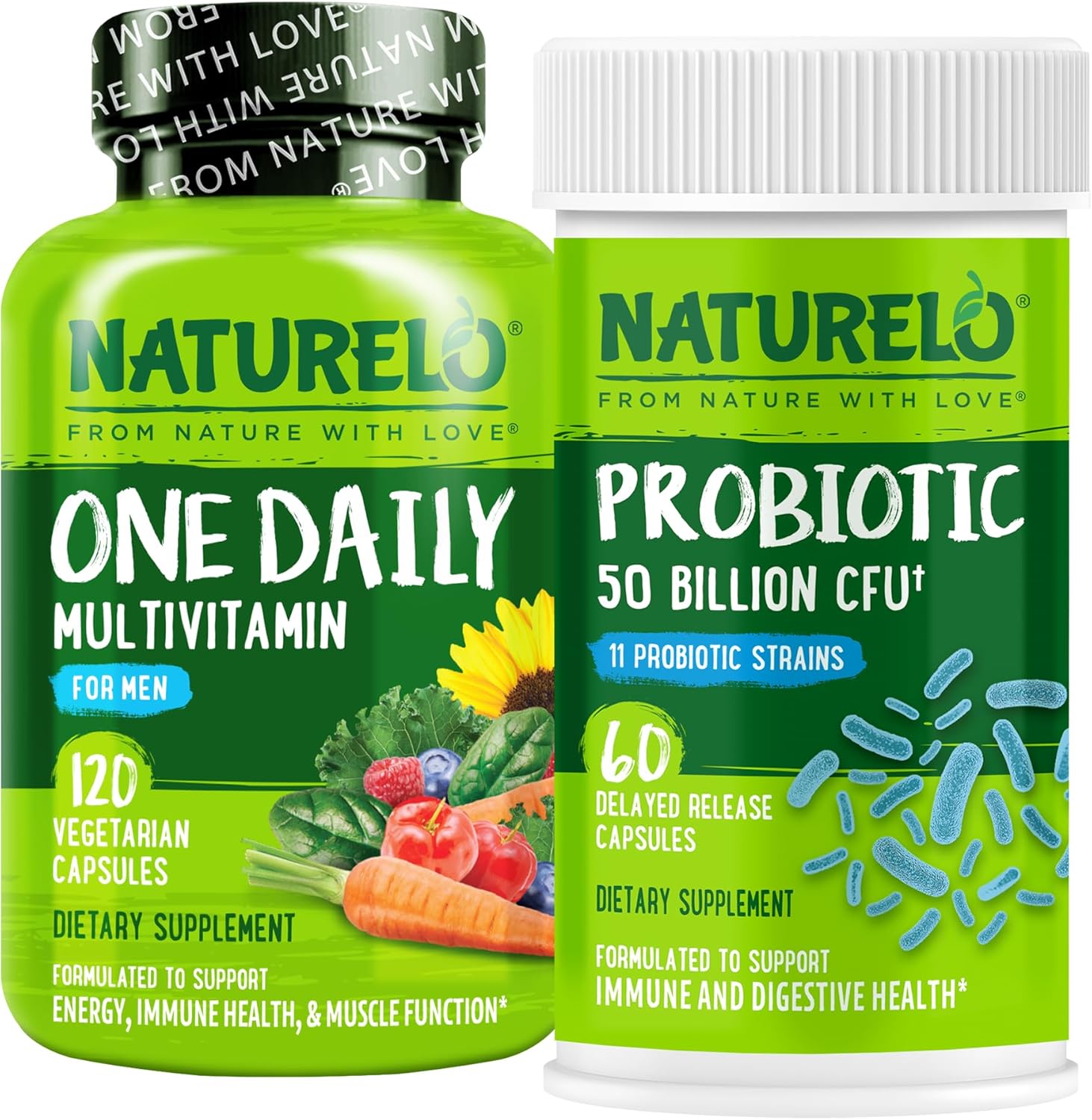 NATURELO Probiotics for Digestive Health - 60 Vegetarian Capsules and One Daily Multivitamin for Men, 120 Vegetarian Capsules Bundle