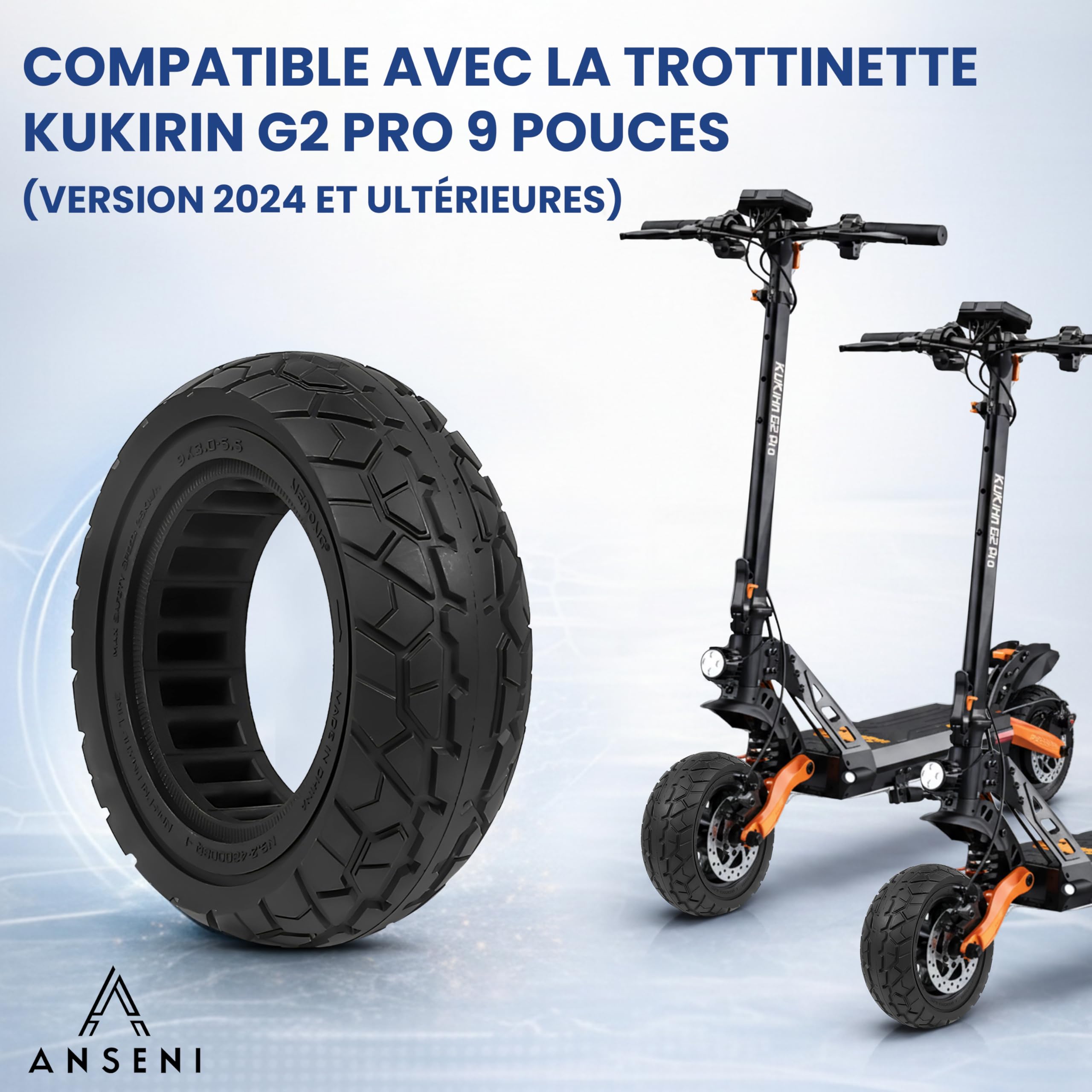 ANSENI Pneu Plein 9X3.0-5.5 pour Kukirin G2 Pro Trottinette Électrique | Roue 9 pouces,Pneu de Remplacement Antidérapant et Anti-crevaison pour Trottinette électrique(1 Roue)