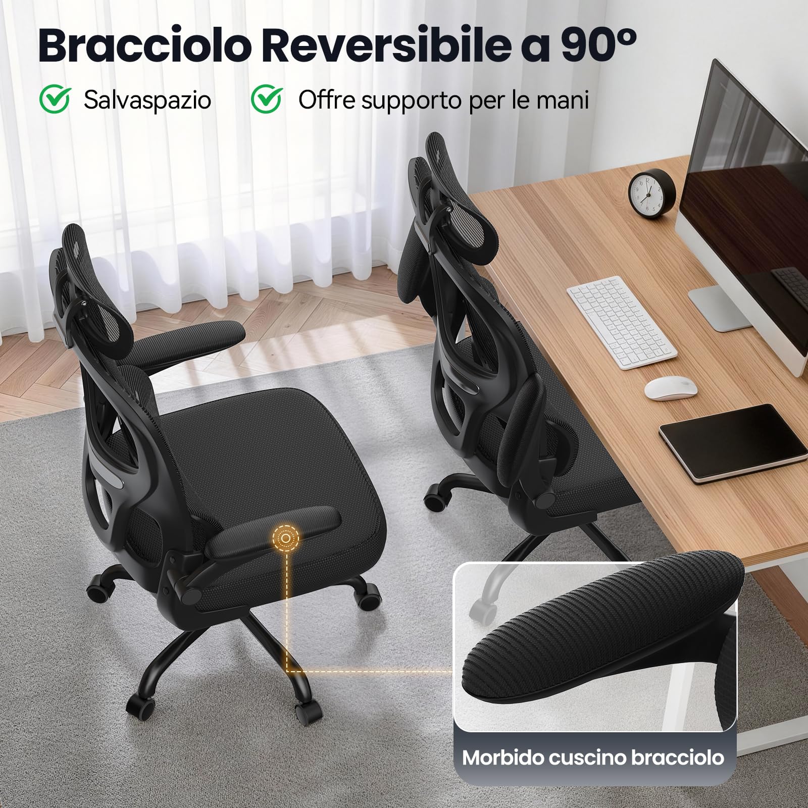naspaluro Sedia Ufficio Ergonomica, Sedia Scrivania Con Supporto Lombare a Forma Di C, Schienale E Poggiatesta Regolabili, Braccioli Reversibili, Sedile in Rete Traspirante per L'ufficio, Nera