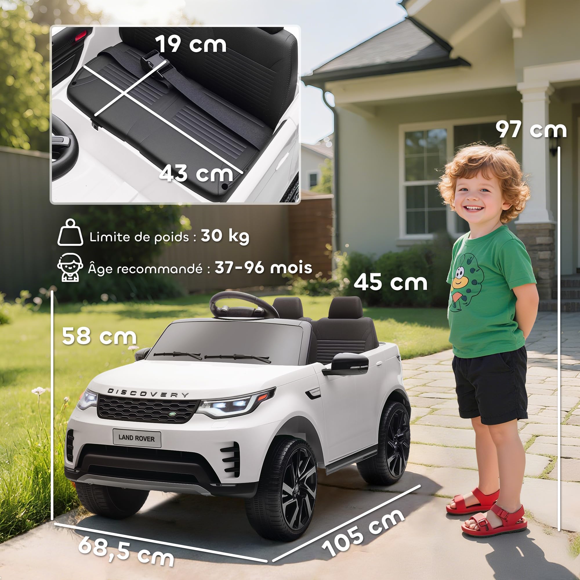 AIYAPLAY Macchina Elettrica Bambini Licenza Land Rover Discovery 12V Bianco | 3-6 Anni, 2.5-4.5 km/h, Auto Elettrica per Bambini, Sospensioni, Telecomando, USB, Musica, Fari, Clacson
